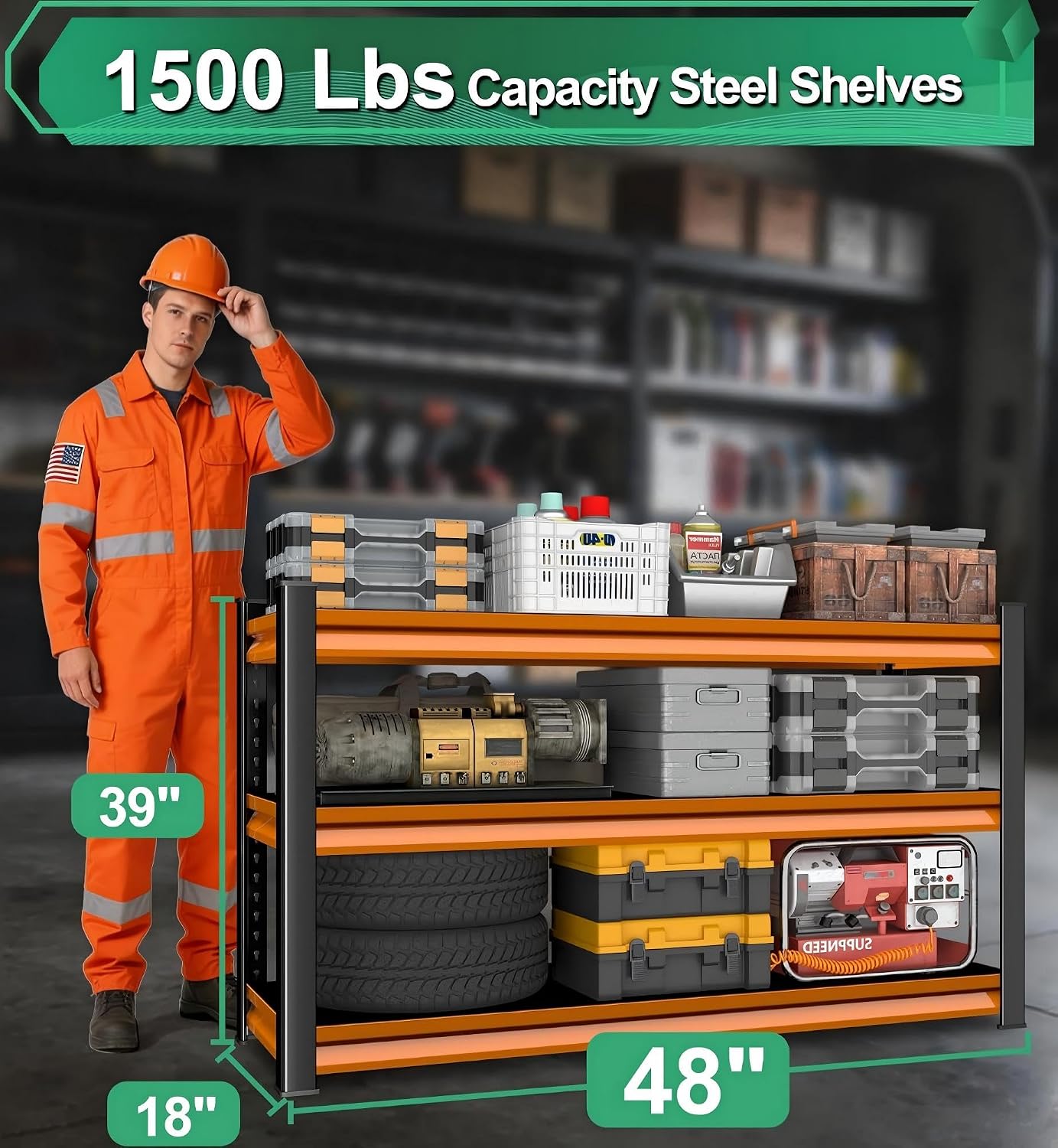 Steel Metal Utility Garage Shelves: 48''W 1,500Lbs Heavy Duty Adjustable Shelving Storage Industrial Rack Units 3 Tier Black & Orange 48" W x 18" D x 39" H