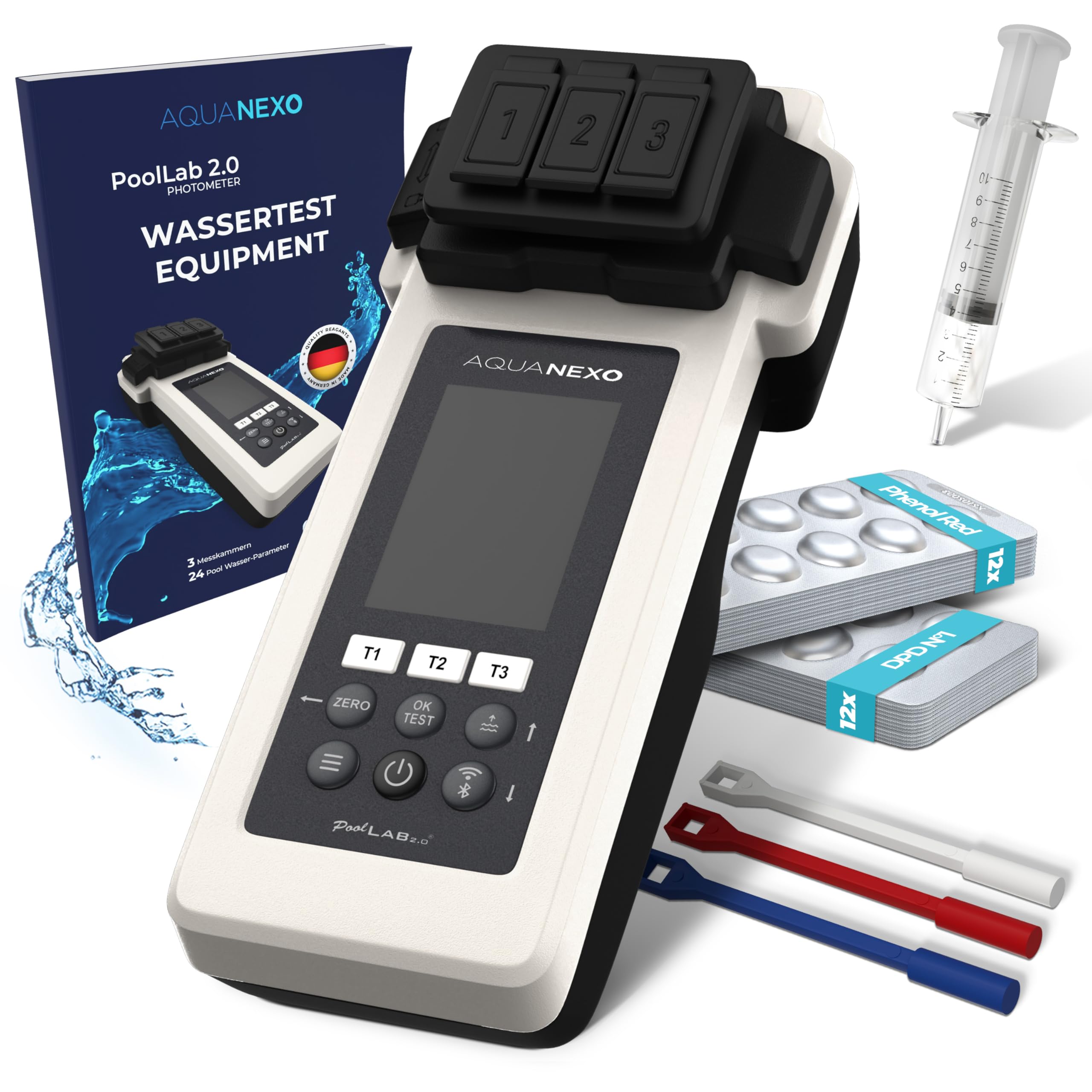 Poollab 2.0 + 240 pastilles de test, chlore et pH, testeur de piscine, pataugeoire