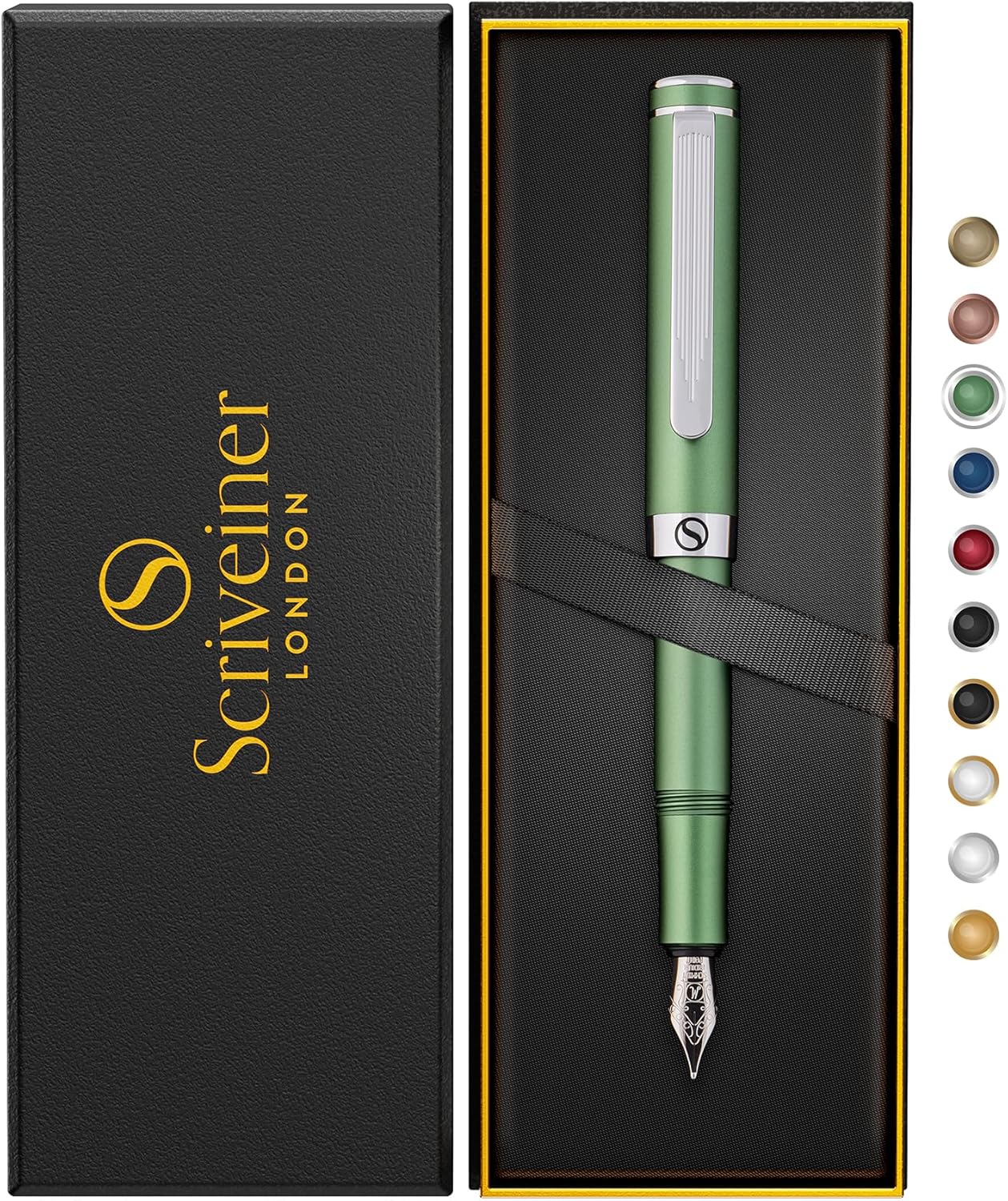 Scriveiner stilografica di lusso media, penna tascabile verde opaca, finitura cromata, pennino tedesco, convertitore, regalo per uomini e donne, bella penna di design Scriveiner stilografica di lusso media, penna tascabile verde opaca, finitura cromata, pennino tedesco, convertitore, regalo per uomini e donne, bella penna di design