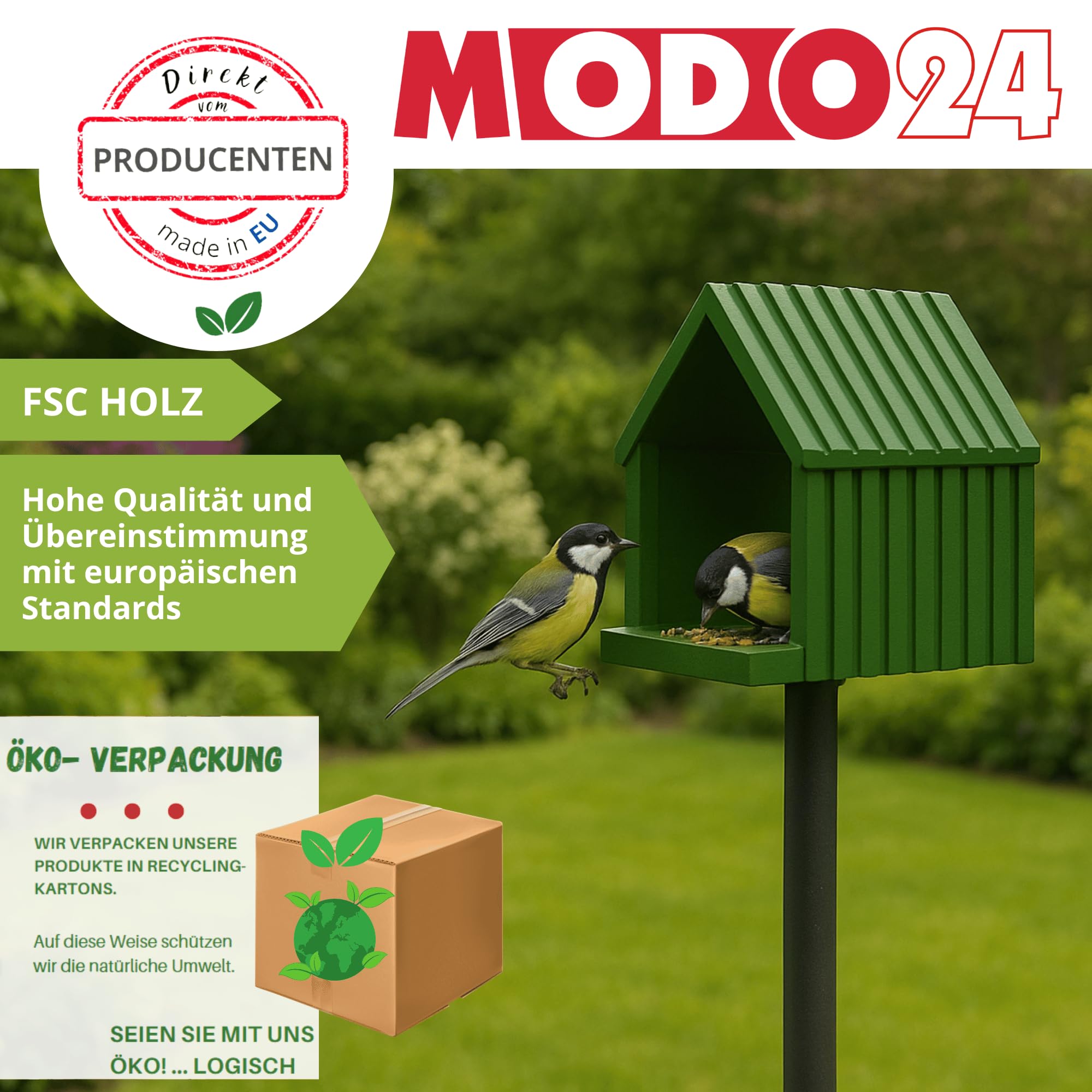 Vogelhaus mit Ständer aus FSC® Holz, Vogelkäfig mit Dach, Wetterfestes Vogelfutterhaus für Garten & Balkon, Futterstation für Vögel, Nistkasten Vogelschutzhaus, 117x24x22, Farbe: Braun