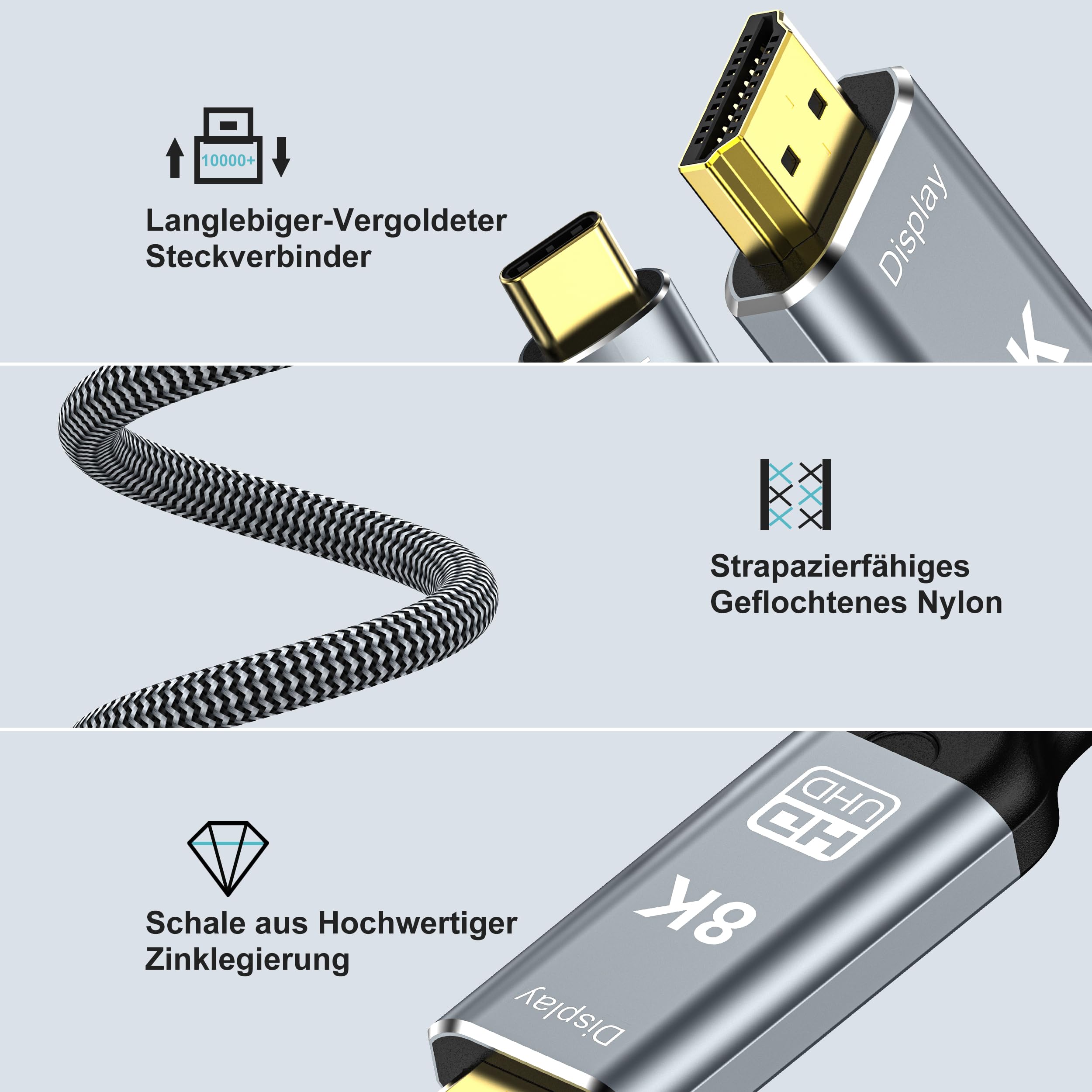 USB C auf HDMI 2.1 Kabel 3M 8K@60Hz, USB Typ C zu HDMI 8K UHD Kabel HDR HDCP 2.3 Thunderbolt 4/3 kompatibel für iPhone 15 Pro MacBook Pro/Air, iPad Pro/Air, Galaxy S23, TV, HUAWEI, Tablet