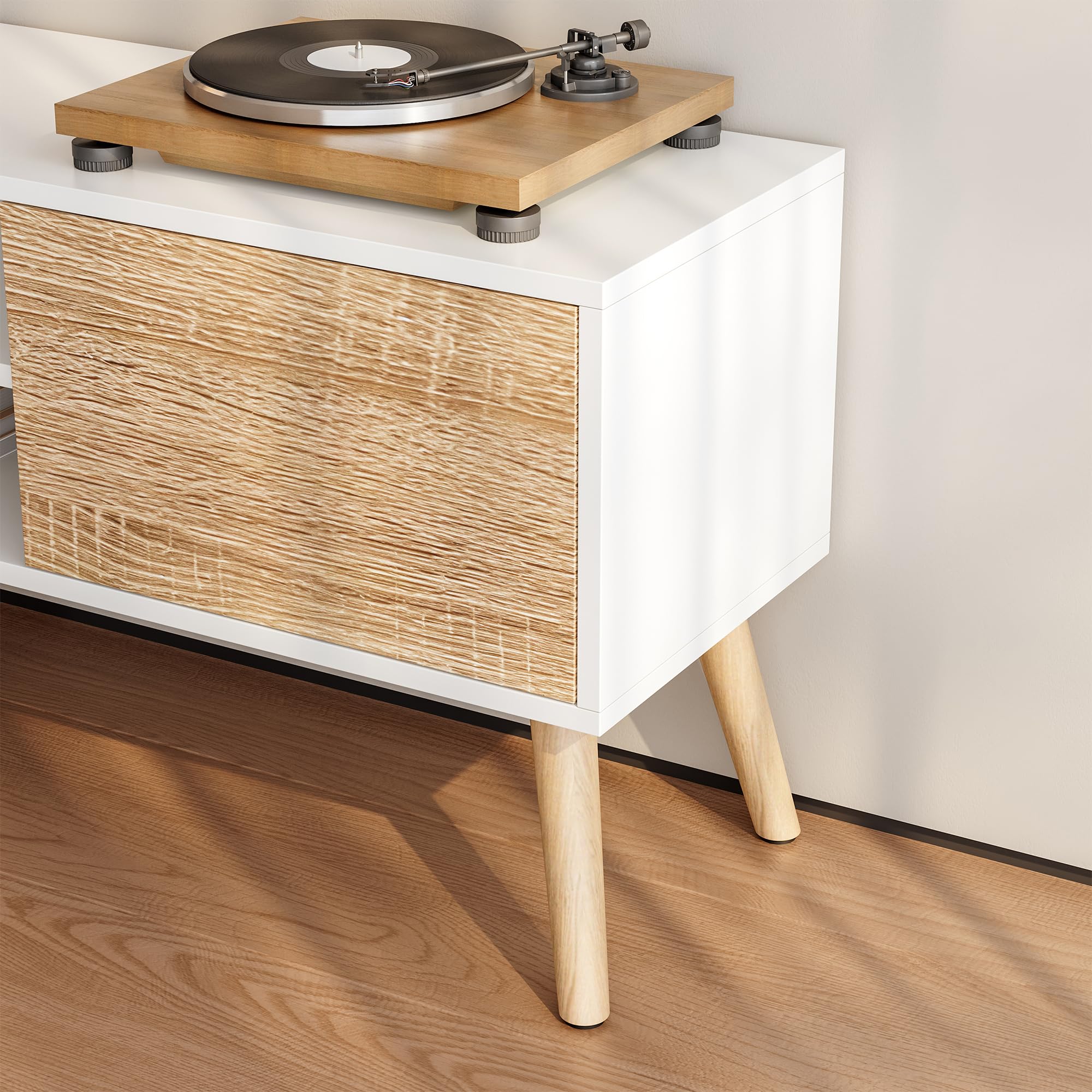 Meuble TV Design Support Télé Banc avec 2 Portes et 2 Étagères Panneau de Particules Mélaminé Pieds en Bois avec Revêtement PVC 120 x 30 x 47 cm Blanc Effet Chêne