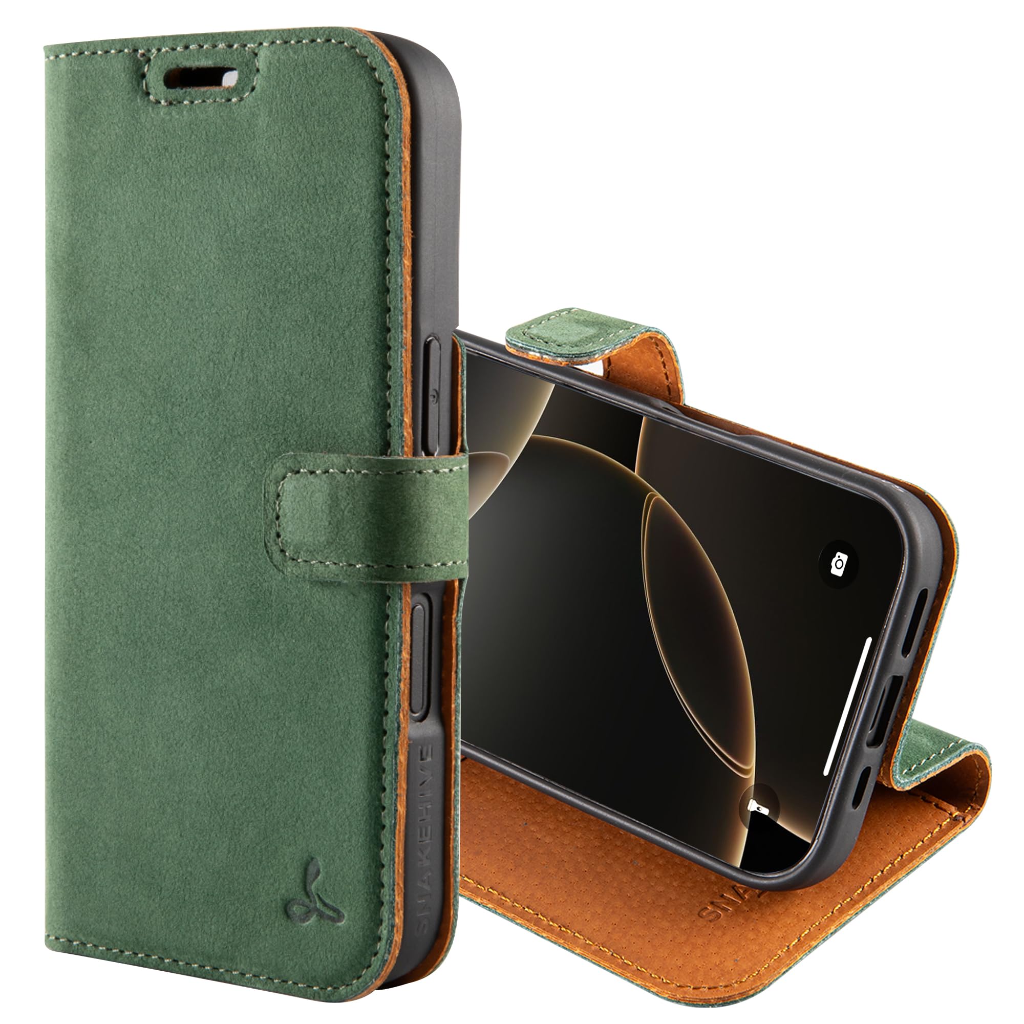 Snakehive Etui Coque Portefeuille pour iPhone 16 - Cuir Véritable Porte Cartes, Anti Choc, Housse Aimantée, Stand Fonction Support - Modèle Vintage - en Vert Foncé