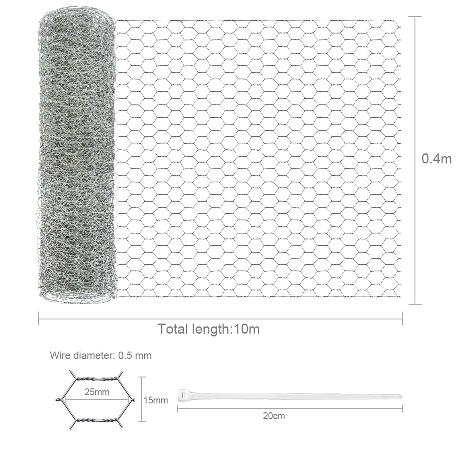Recinzione metallica da 40 cm x 10 m, rete esagonale da giardino, zincata, maglie da 25 mm