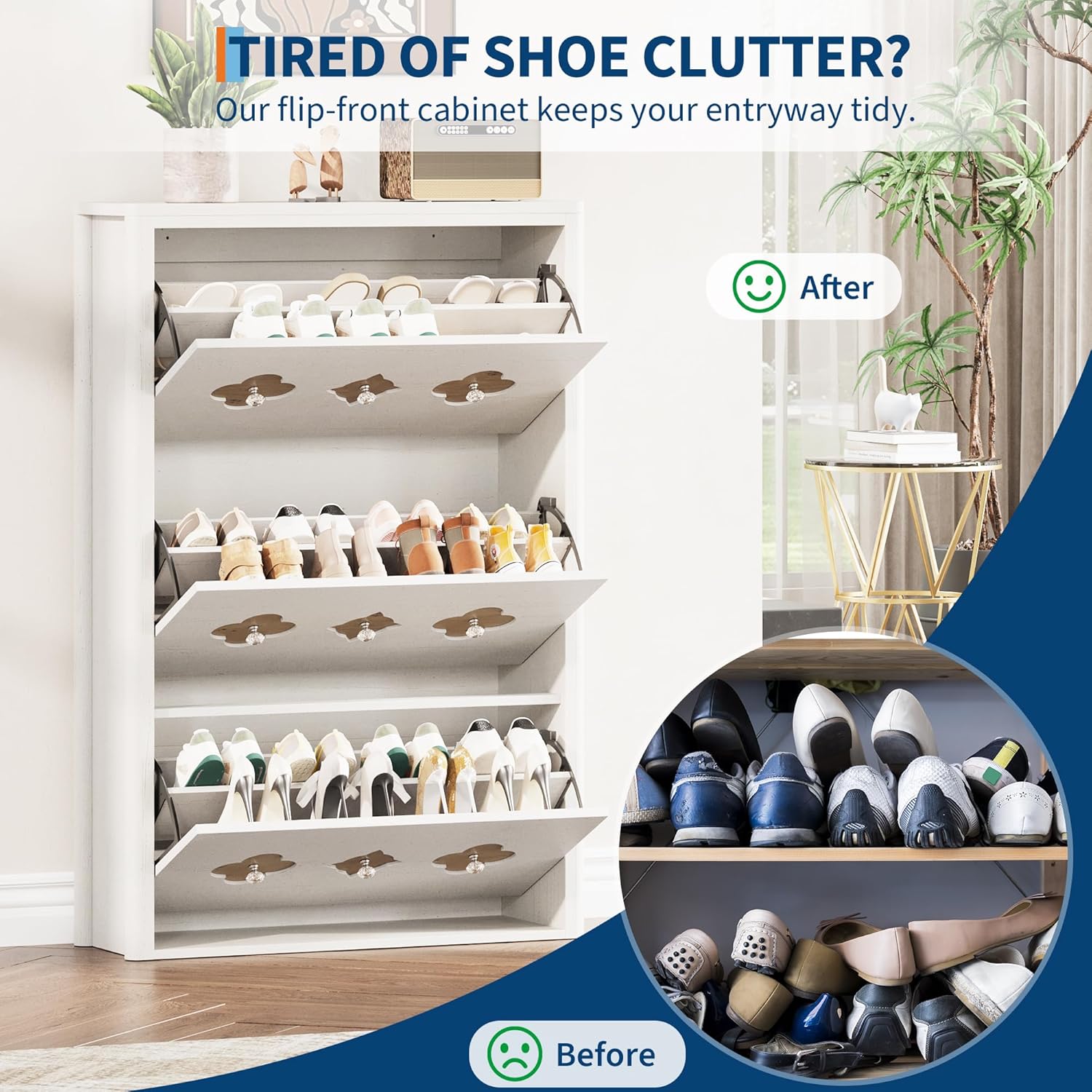 IDEALHOUSE Shoe Cabinet with 3 Flip Drawers, Freestanding Slim Shoe Organizer Cabinet with Hollow-Out Flower Pattern & Diamond Handle, Hidden Shoe Storage Cabinet for Entryway, Foyer, Hallway, White