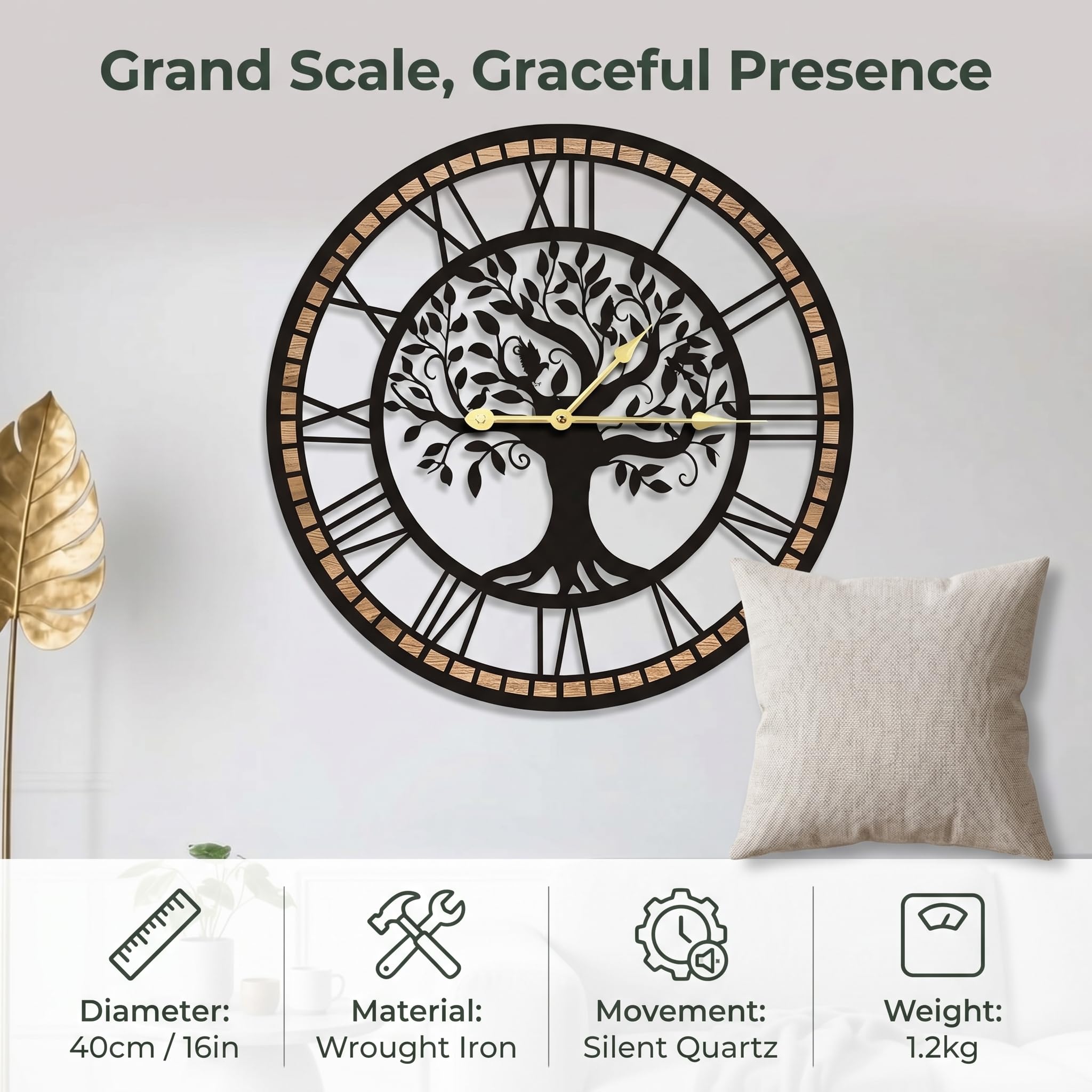 Reloj de Pared Grande con diseño de árbol de la Vida, Negro y Madera, números Romanos, Redondo, 40 cm, para Sala de Estar