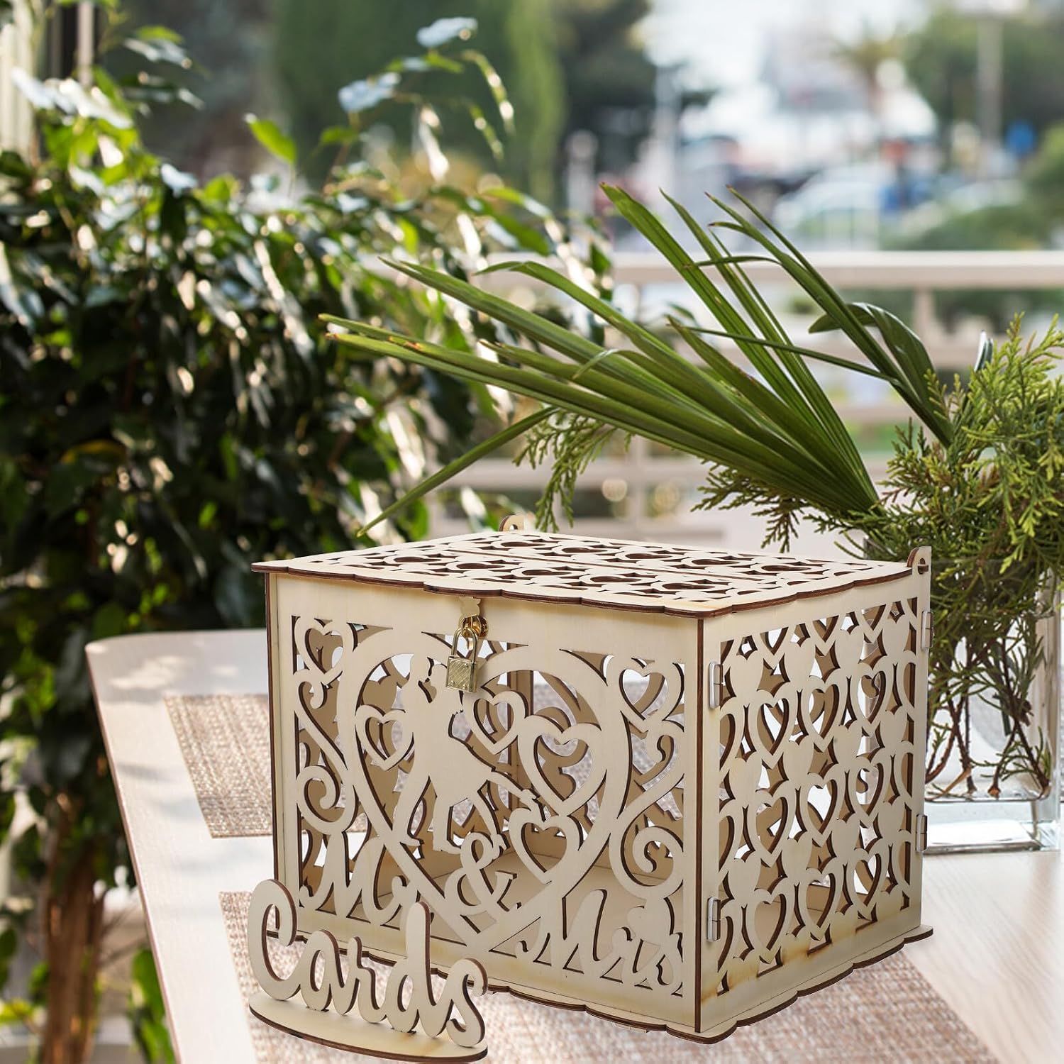 Rustic Wedding Reception Card Box with Hollow Heart Design Wooden Money Box for Wedding Party Decor