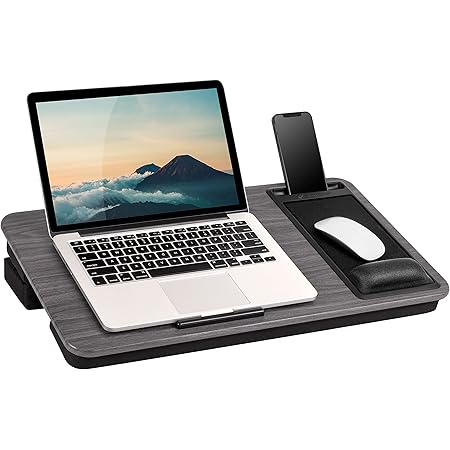 LAPGEAR Elevation Pro Lap Desk with Gel Wrist Rest, Mouse Pad, Phone Holder, Device Ledge, and Booster Cushion - Gray Woodgrain - Fits up to 17.3 Inch Laptops - Style No. 88105