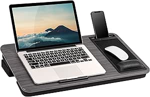 LAPGEAR Elevation Pro Lap Desk with Gel Wrist Rest, Mouse Pad, Phone Holder, Device Ledge, and Booster Cushion - Gray Woodgrain - Fits up to 17.3 Inch Laptops - Style No. 88105