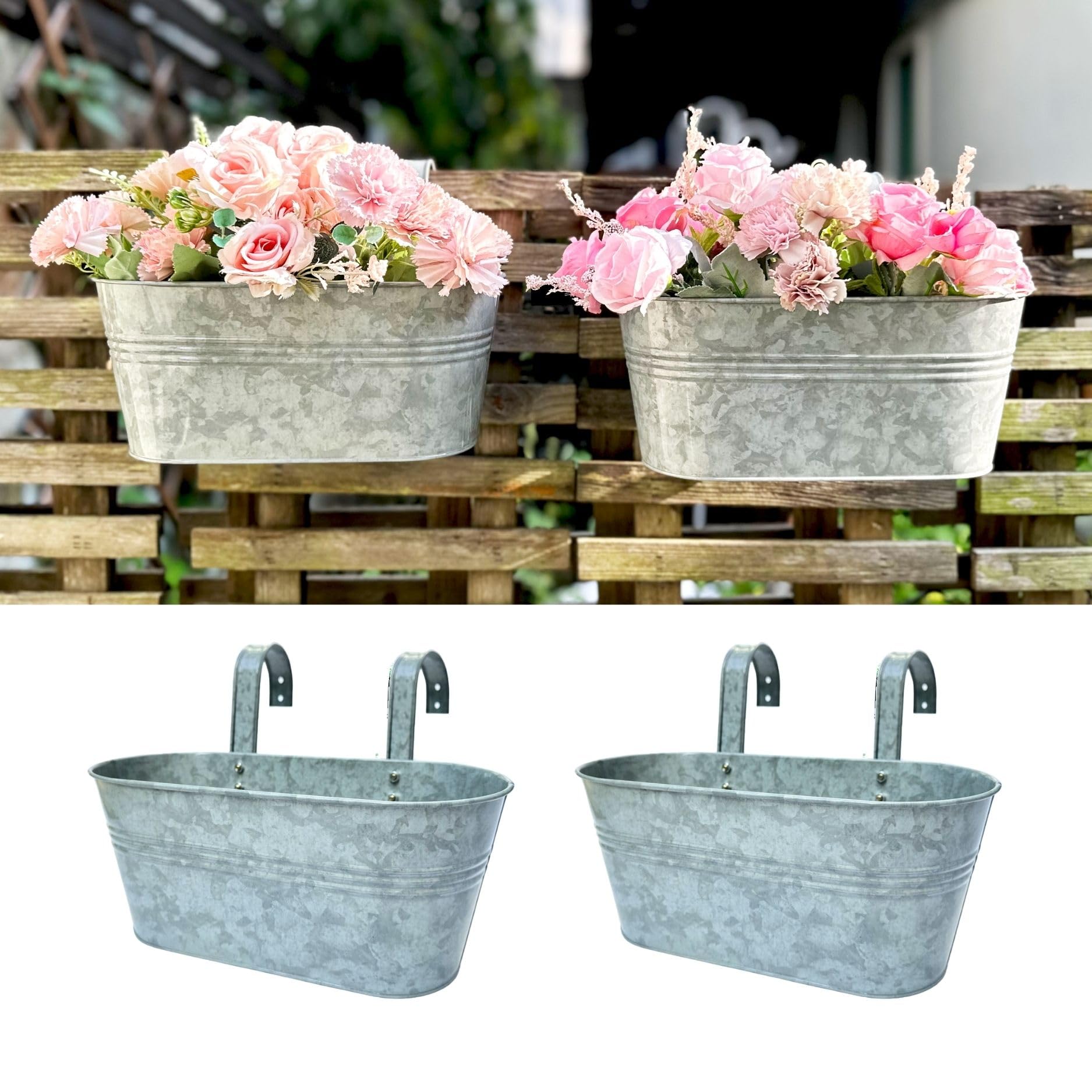 LaLaGreen - Maceta de riel para exteriores (11.2 pulgadas, paquete de 2) macetas colgantes de hierro de metal plateado, barandillas de terraza, cubos de valla, estilo moderno, campo, estilo bohemio