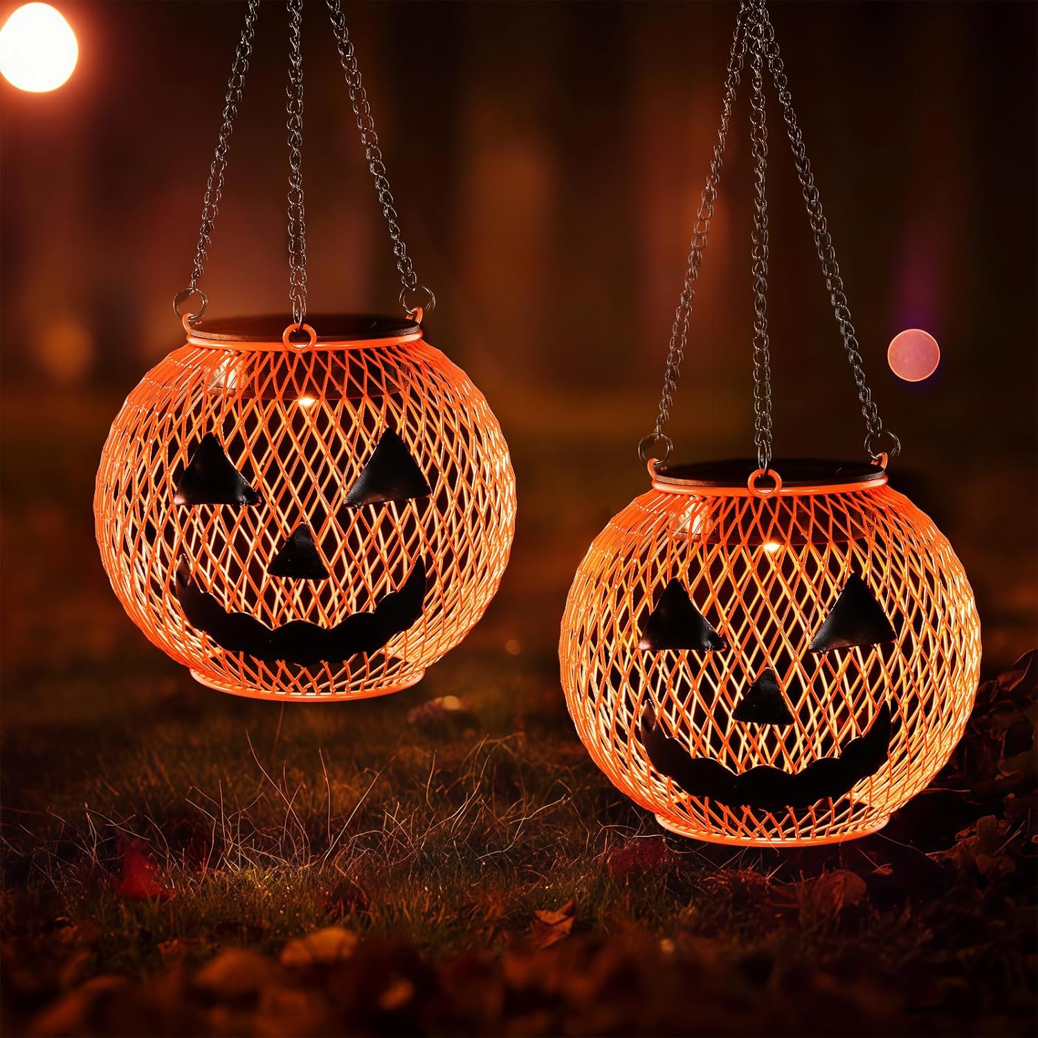 2 Pack Solar Powered Halloween Lights, Waterproof LED Pumpkin Lanterns with Iron Frame, Outdoor Halloween Decorations for Yard, Garden, Patio, Pathway, Party Orange Pumpkin Decor