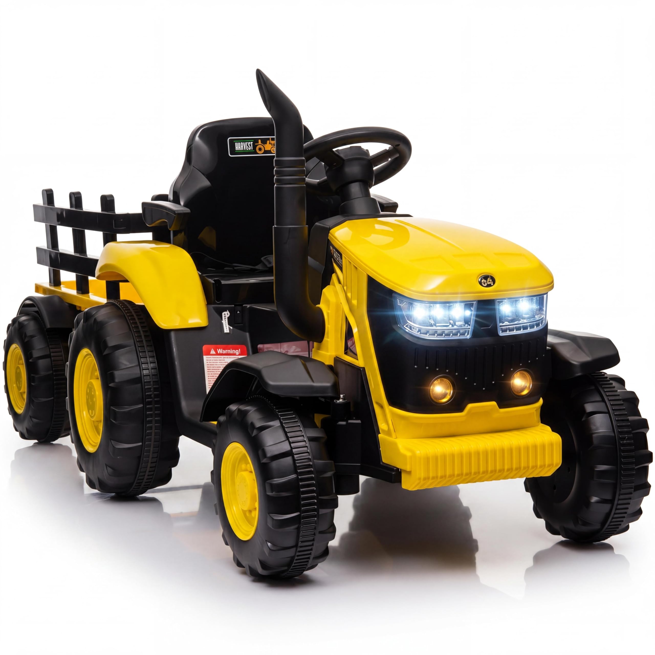 Garvee Electric Ride on Tractor with Detachable Trailer, 12V Ride on Tractor with Remote Control, LED Lights, Horn, Music & USB for Ages 3+, Yellow