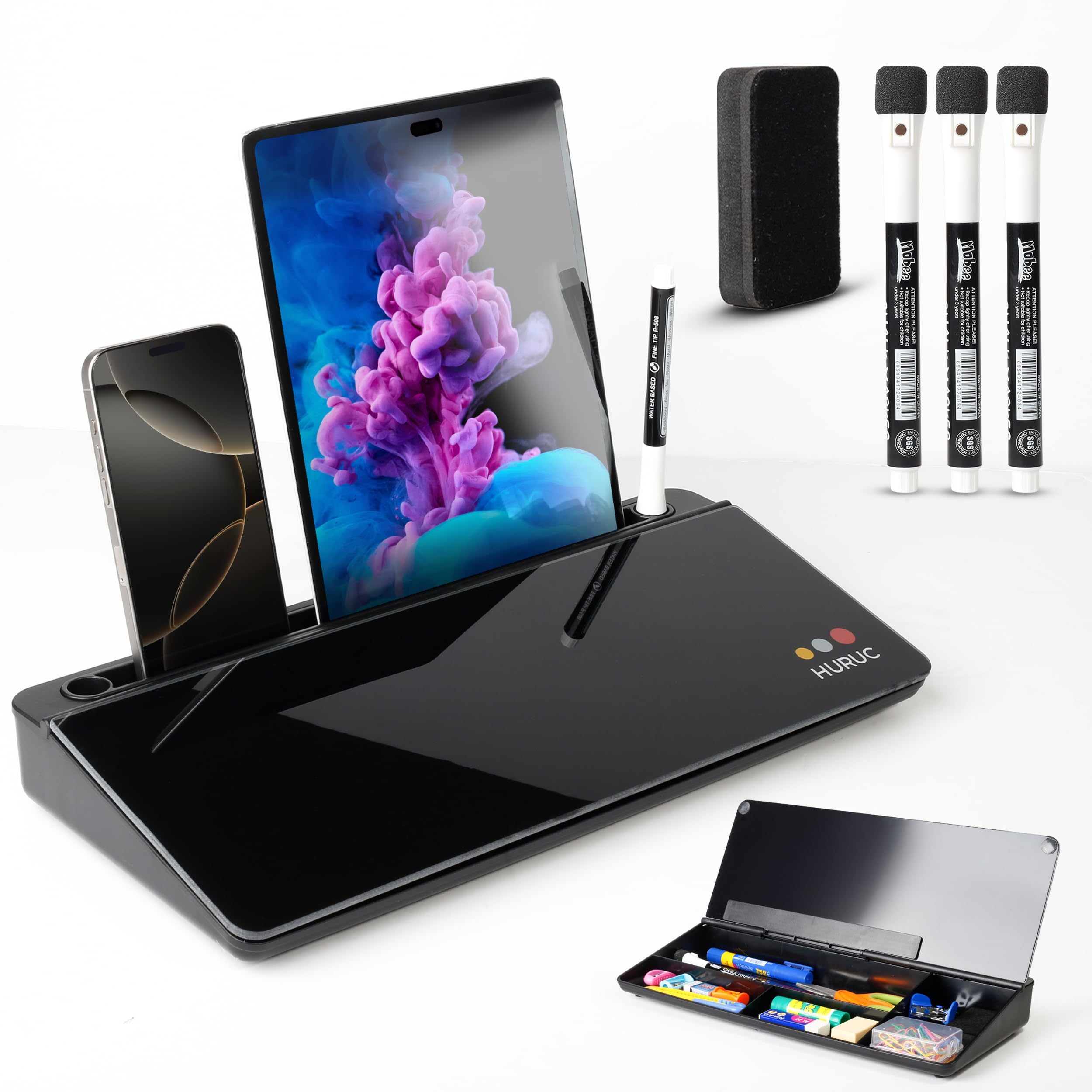 HURUC Small Glass Desktop Whiteboard with Storage,15.3"x7.08"x2.16" inch Desktop Dry Erase Board with Markers & Duster, Desk White Board Buddy