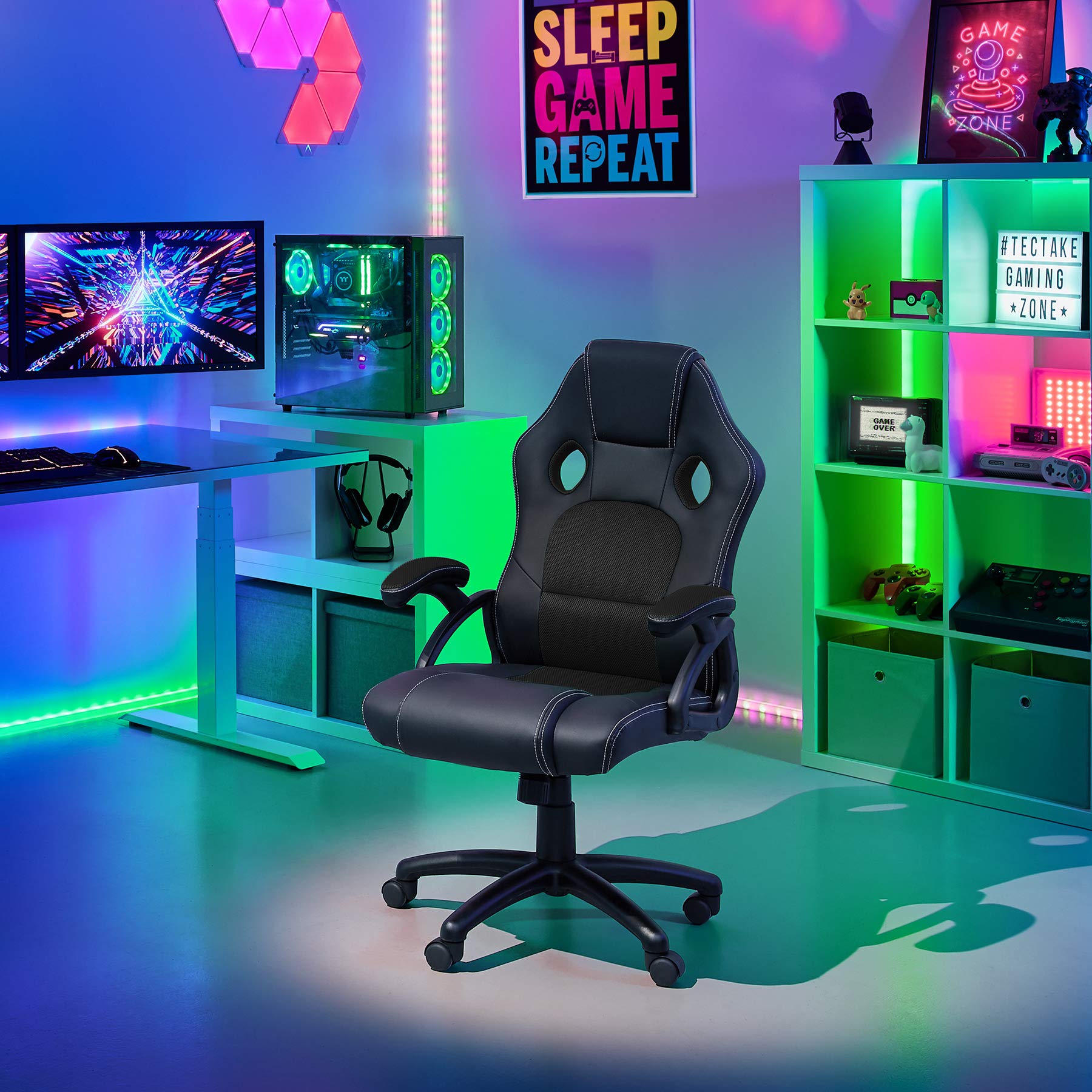 tectake® Sedia Ergonomica da Ufficio, Sedia Gaming con Ruote per Scrivania con Base Robusta e con Imbottitura Spessa, Poltrona Gaming, Adattamento Ottimale - Nero