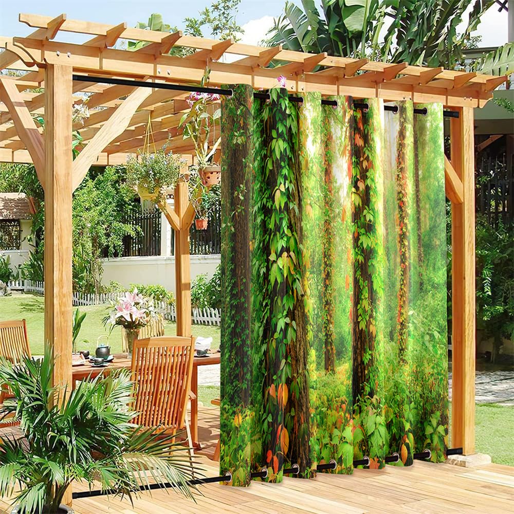 Hixingo Outdoor Curtains Waterproof Windproof, Gazebo Curtains with Grommet (Top & Bottom) for Pergola Patio Garden, Sun Protection, Extra Long - 3D Plant Print (vines,180x213cm)