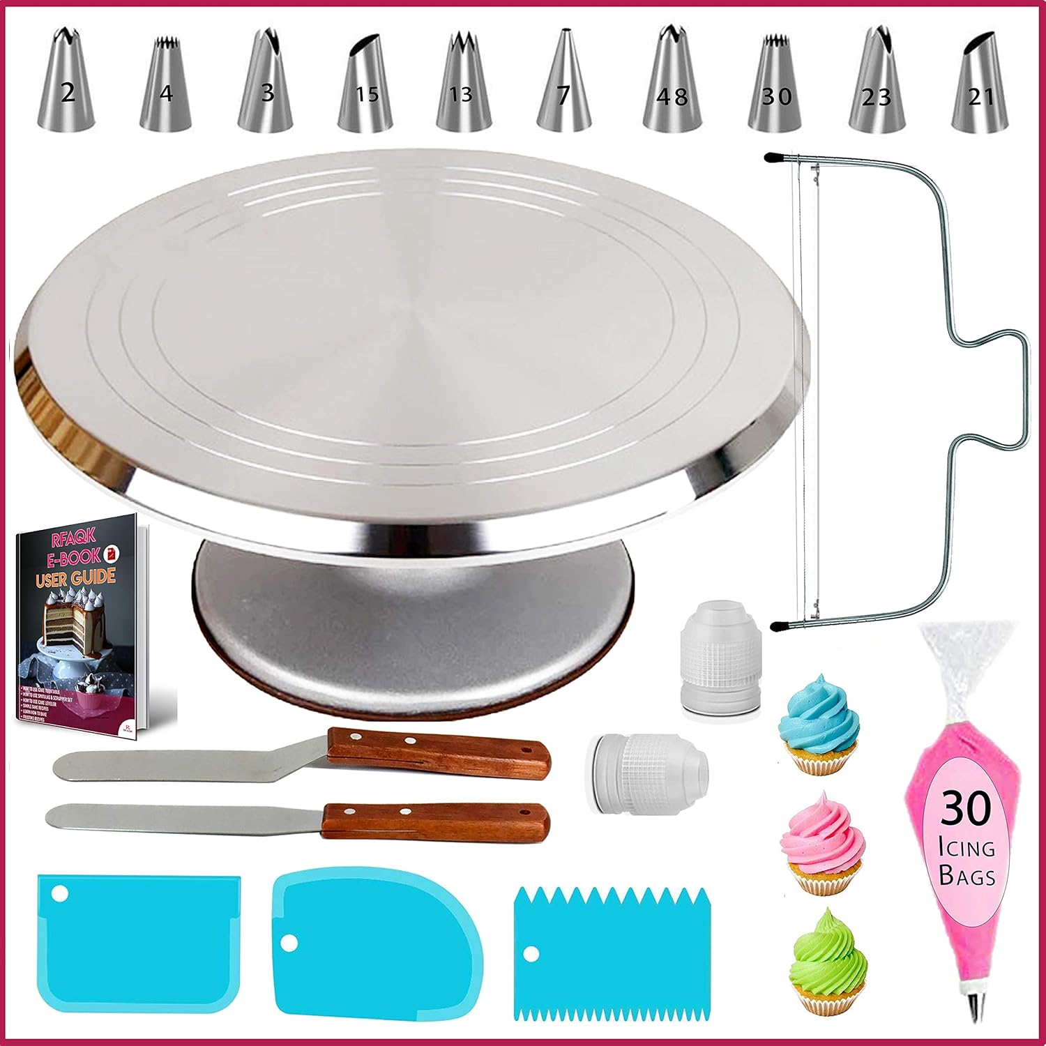 RFAQK 50PCs Aluminium Revolving Cake Stand 12" Cake Turntable, Professional Cake Decorating Kit with Straight & Offset Icing Spatula- Numbered Icing Tips & Bags -Cake Leveler & eBook for Beginners