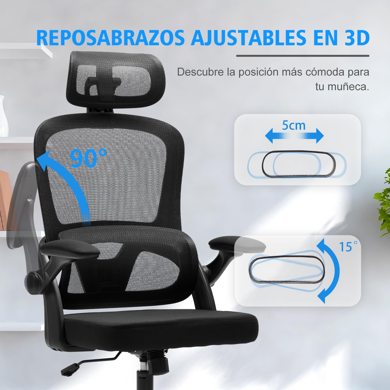 Magic Life Silla de Oficina ergonómica con cojín elástico, Respaldo de Malla Transpirable, reposabrazos Plegables, Soporte Lumbar, Altura Ajustable, Silla de Escritorio para Oficina y hogar