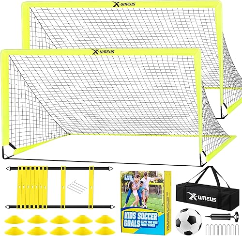 Kids Soccer Goals for Backyard Set of 2, 6x4 ft Portable Pop Up Soccer Goal Training Equipment with Soccer Ball, Ladder and Cones, Soccer Nets for