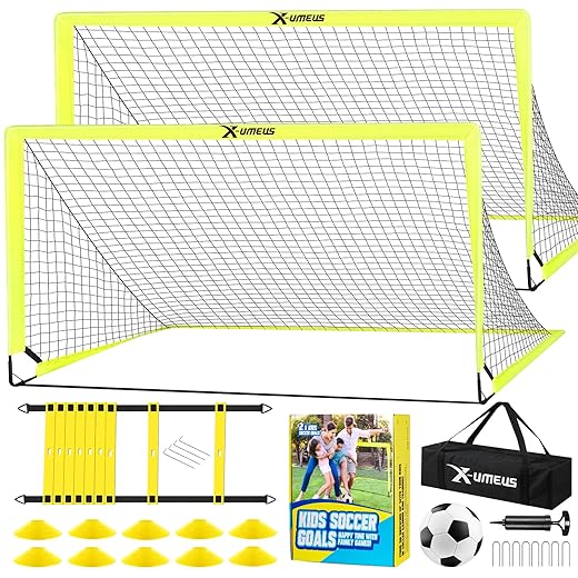 Kids Soccer Goals for Backyard Set of 2, 6x4 ft Portable Pop Up Soccer Goal Training Equipment with Soccer Ball, Ladder and Cones, Soccer Nets for Backyard for Kids Youth Toddler Outdoor Sports Games