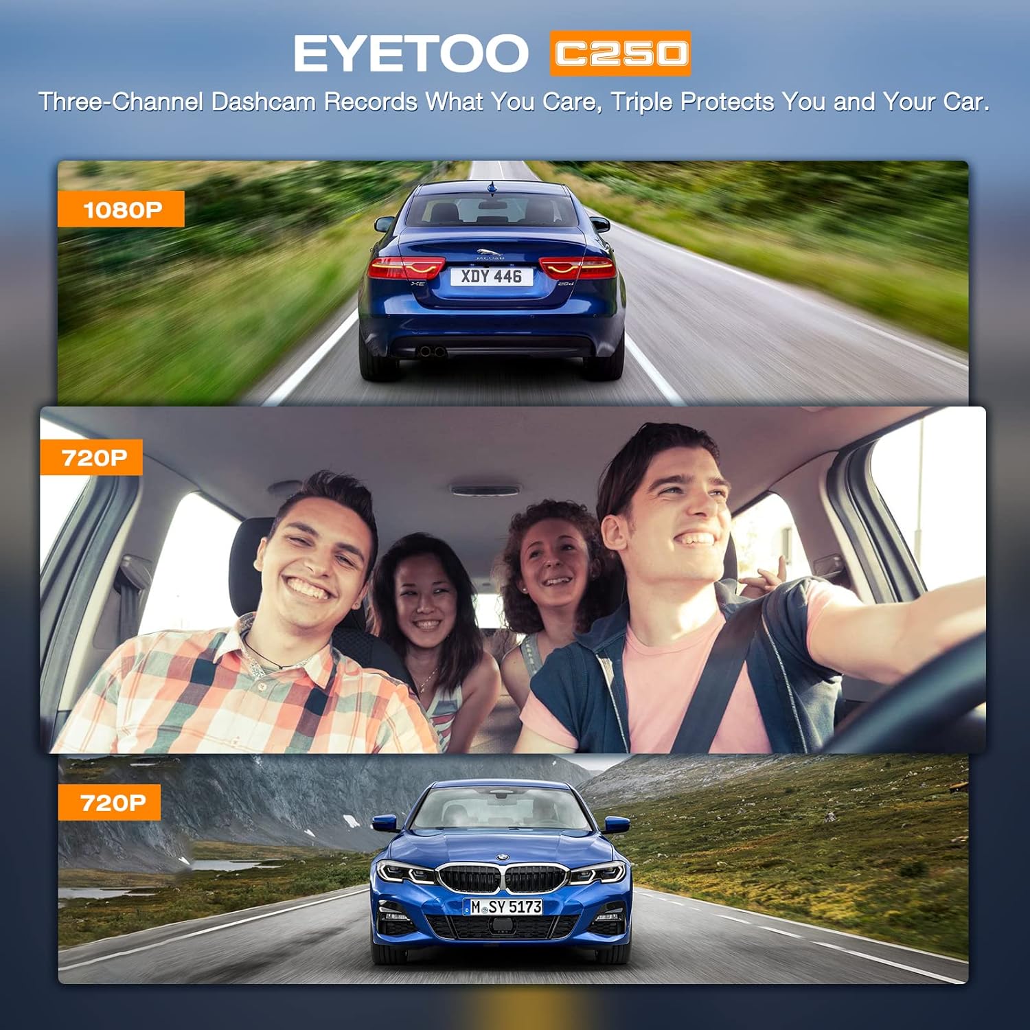 EYETOO C250 Dash Cam displaying three simultaneous camera views: front, interior, and rear.