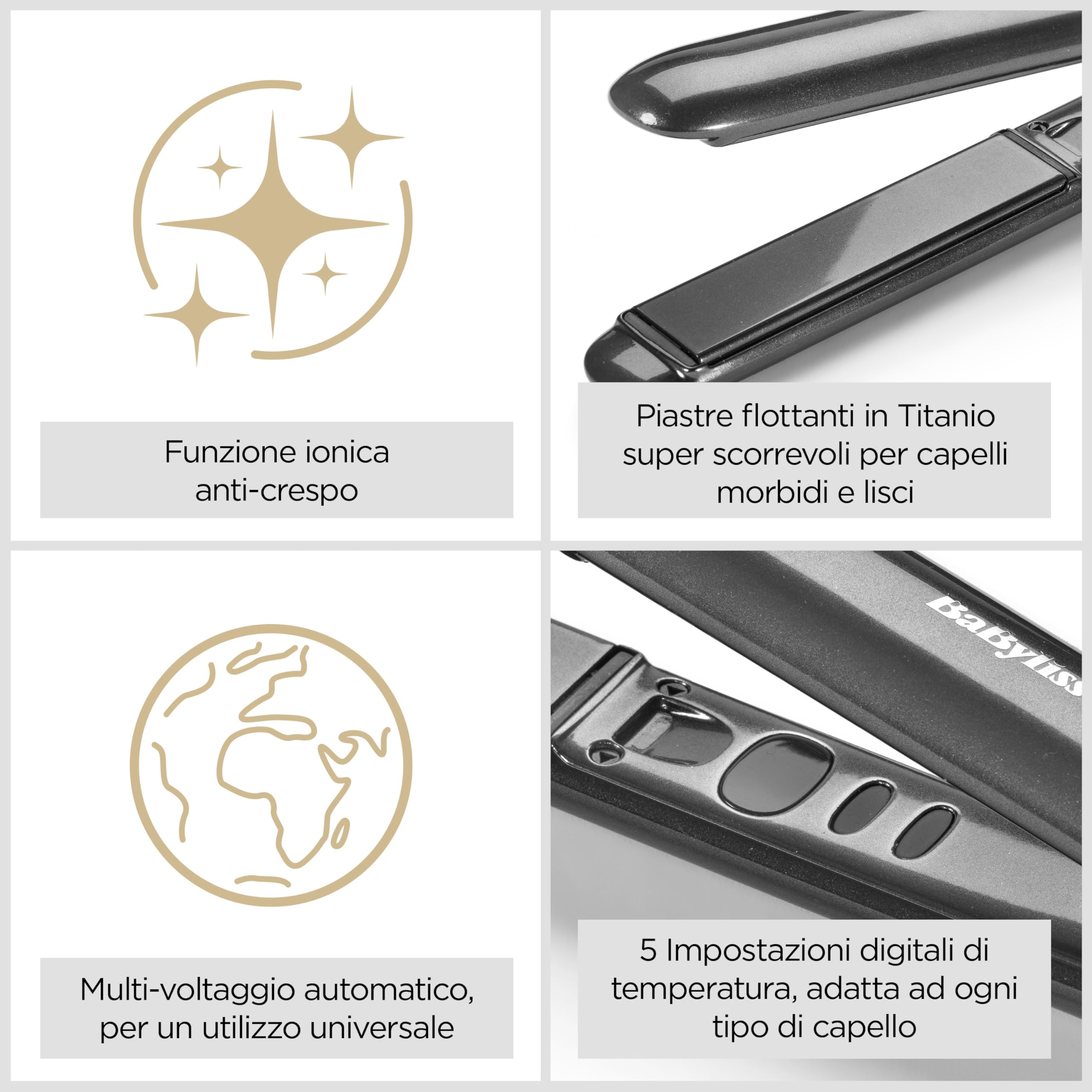 BaByliss Titanium Shine Piastra Capelli - Tecnologia in Titanio-Ceramica a Scorrimento Morbido, 5 Impostazioni di Calore 150–230°C, Uso Internazionale, Argento, ST620E