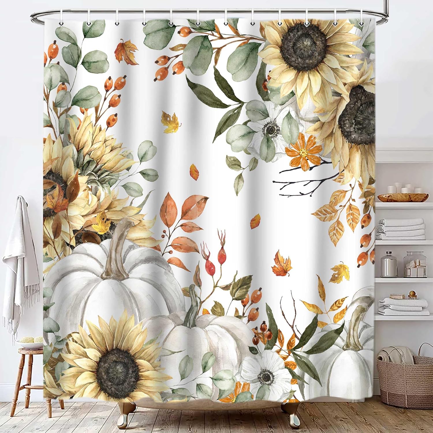 Lacoiime Fall Pumpkin Shower Curtain, Sunflower Leaf Autumn