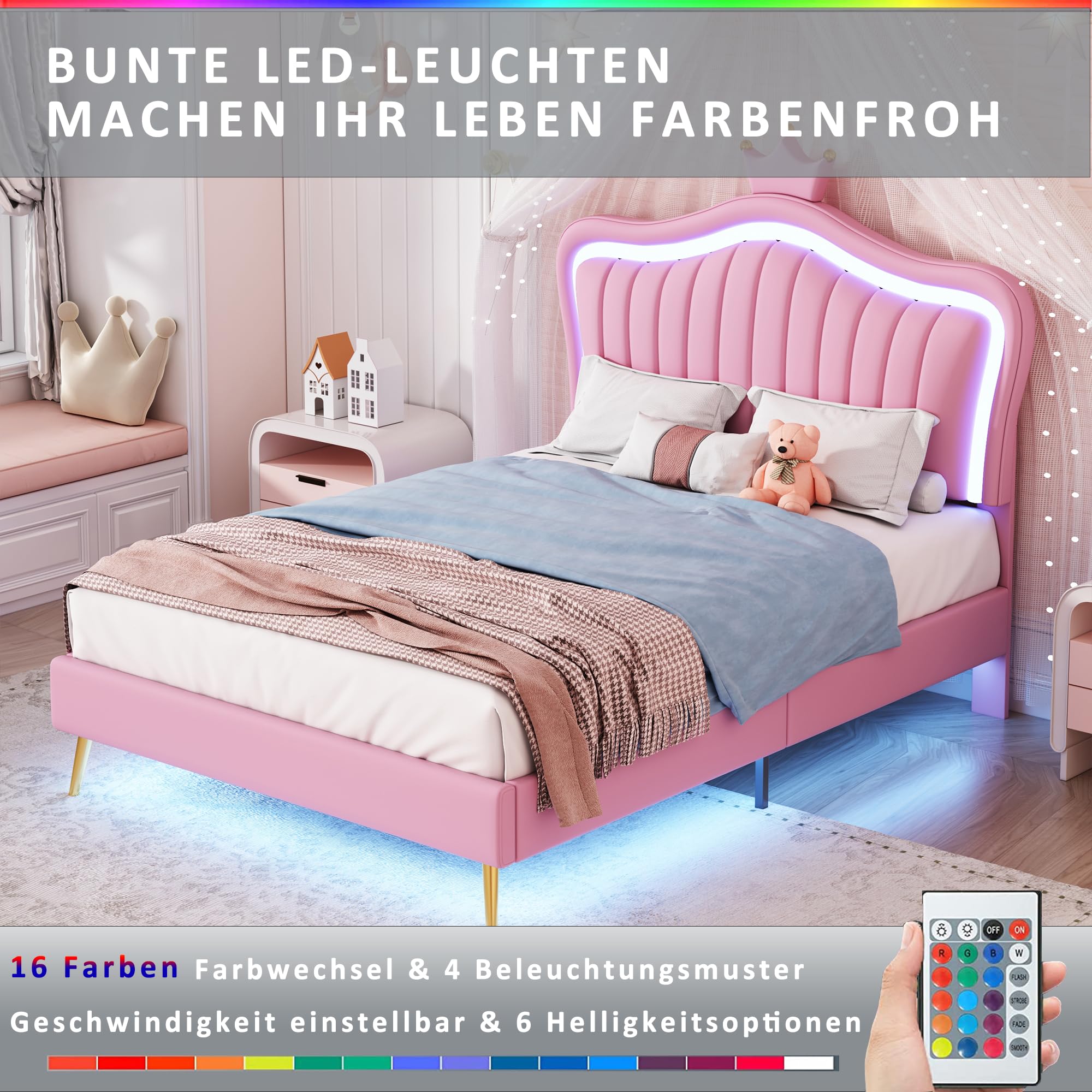 Letto Imbottito Princess 90 X 200 Cm Con Strisce LED Multicolori Pelle Pu Rosa