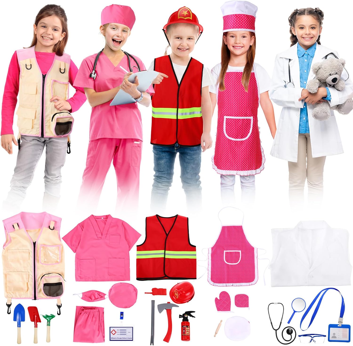 Vicenpal 5 Sets Kids Dress up Clothes Doctor Kids Explorer Costume Lab Coat Chef Outfit Fireman Costume with Accessories Set Toddler Children Cosplay