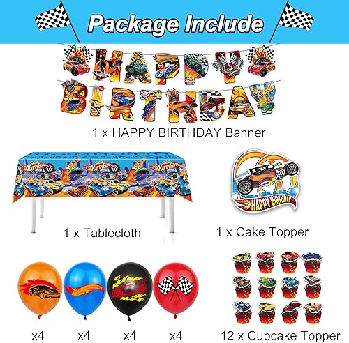 Miniatura 2 de Decoraciones de fiesta temática de autos calientes, suministros para fiesta de cumpleaños con volante de carreras, incluye pancarta de feliz