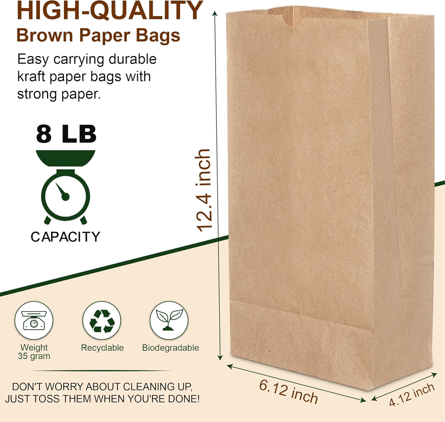 [250 Pack] 8 Lb Brown Paper Lunch Bags | Bulk Disposable Brown Bags For Grocery, Sandwich, Or Takeouts | Earth-Friendly Choice Kraft Paper Sacks