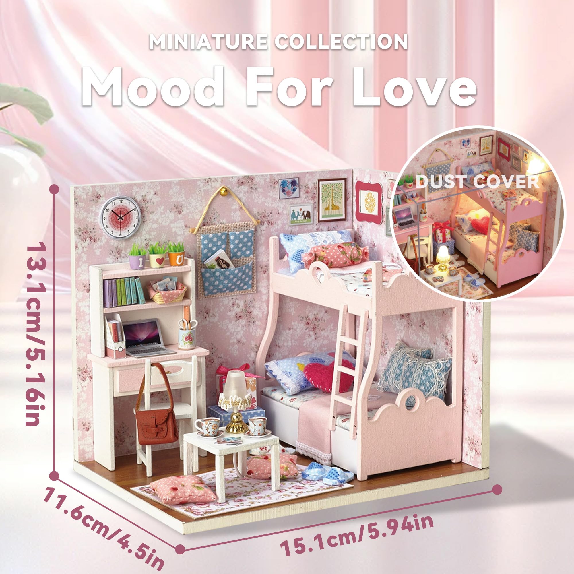 Kit de casa de muñecas en miniatura, habitación creativa con muebles y cubierta para regalo de obras de arte románticas (Mood for Love) 2
