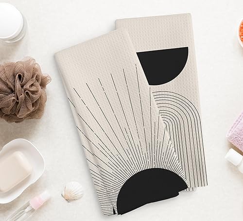 Miniatura 2 de Juego de 2 paños de cocina y paños de cocina con arco geométrico de rayos solares y semicírculos, toallas de mano absorbentes y bohemias, para baño,