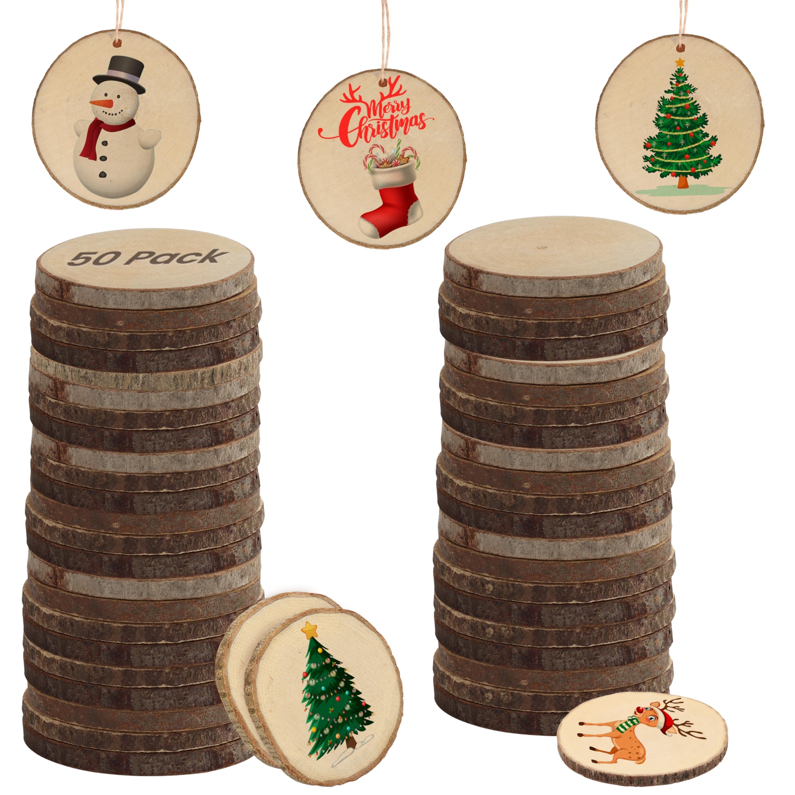 Kurtzy Natürliche Runde Holzscheiben zum Basteln (50er Pack) - 3-5cm Durchmesser - Holzscheiben Rund mit Rinde und Ohne Loch - Holzschilder zum Beschriften für DIY Kunst und Weihnachtsschmuck