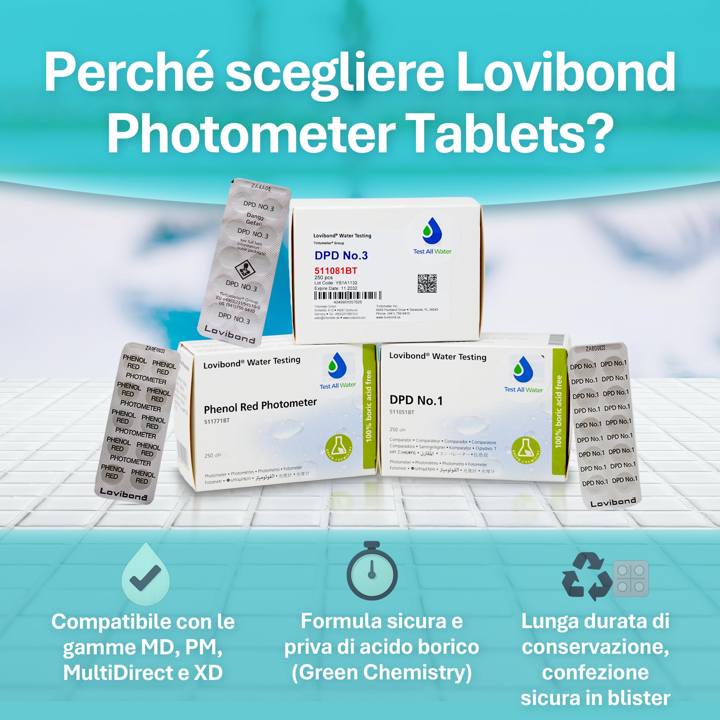 Lovibond Reagenti per test di qualità dell'acqua – DPD No.1, DPD No.3 e compresse rosso fenolo | 3 confezioni da 250 | Test cloro e pH per piscine, vasche idromassaggio, acquari, stagni, spa e altro |
