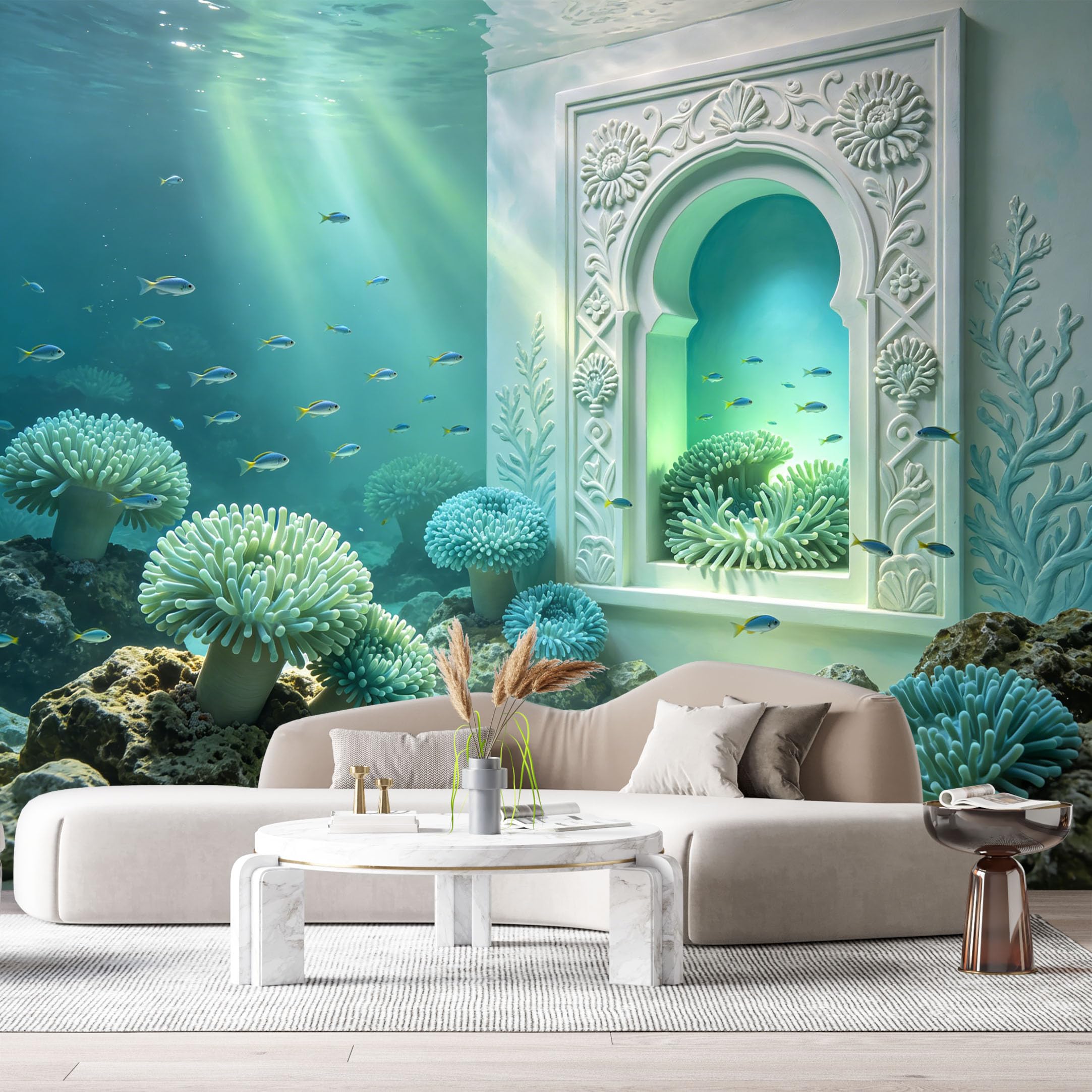 Custom Size Wall Murals Ocean Marine Architecture Coral Reef 3D Trompe L'Oeil SelfAdhesiveWall Fabric Removable Wallpaper Wall Decor for Living Room Bedroom Bathroom