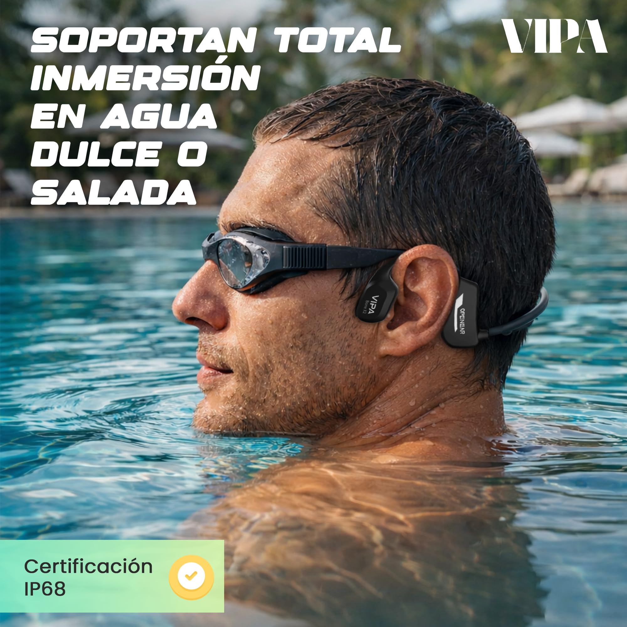 VIPA - Auriculares Natacion Bluetooth 5.3 - Auriculares Conduccion Osea con IP68 Resistente al Agua - Cascos Abiertos con 32G Mp3 para Nadar/Correr/Ciclismo con Micrófono ENC y 6H de Autonomía.