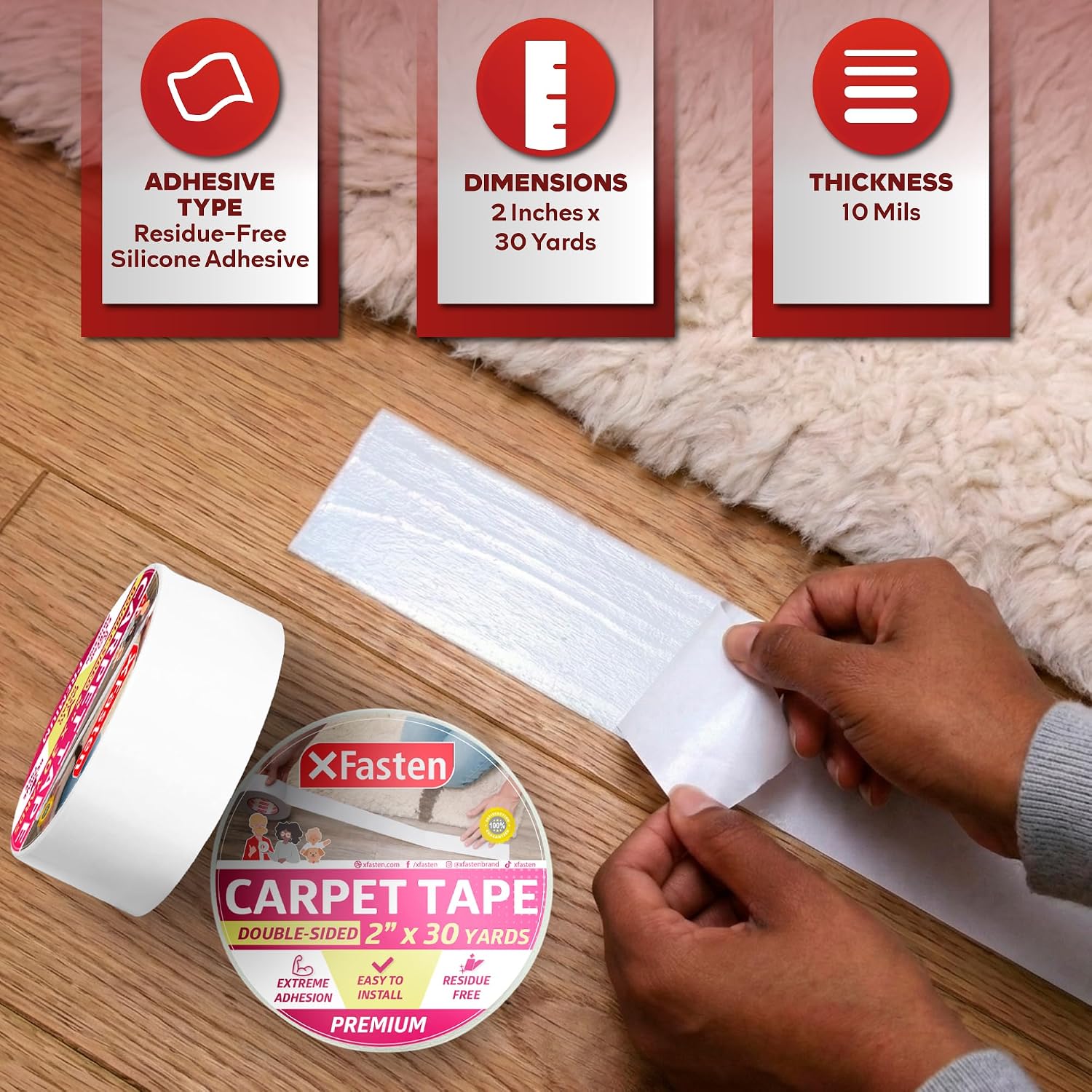 XFasten Double-Sided Carpet Tape for Area Rugs, 2 Inch x 30 Yards (90 Ft), Heavy Duty Grippy Residue-Free Silicone Adhesive Keeps Rugs in Place on Hardwood, Laminate and Tile Floors