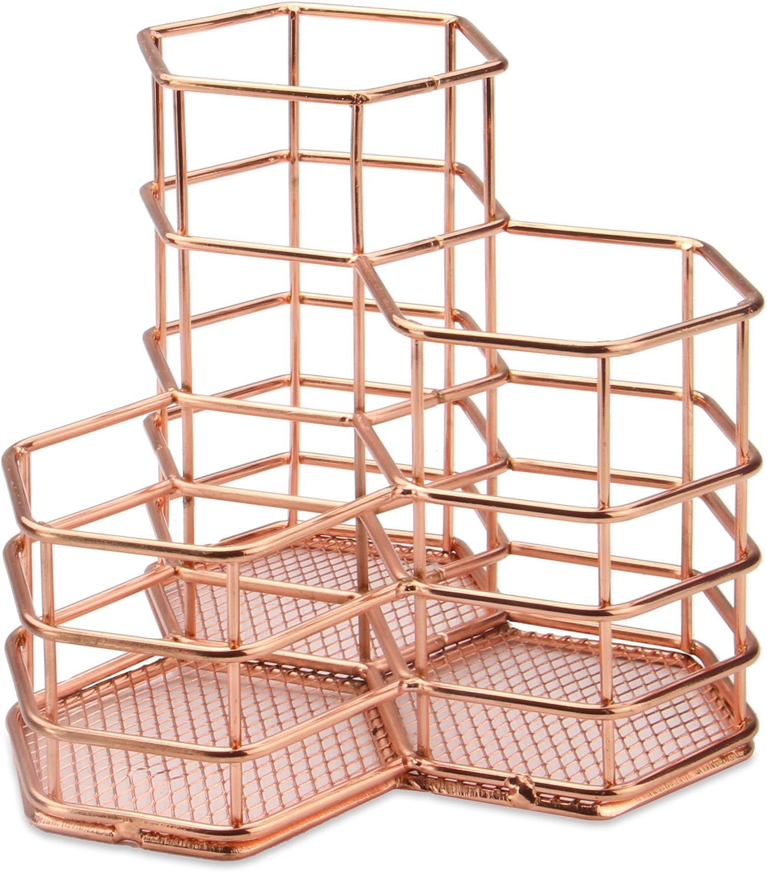 Rose Gold Hexagonal Desk Tidy | Mesh Triple Holder | Office & Bathroom Organiser | Pencil & Makeup Brush Storage | Rust-Proof Pencil Pot | M&W