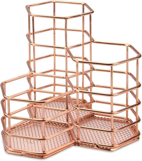 Rose Gold Hexagonal Desk Tidy | Mesh Triple Holder | Office & Bathroom Organiser | Pencil & Makeup Brush Storage | Rust-Proof Pencil Pot | M&W