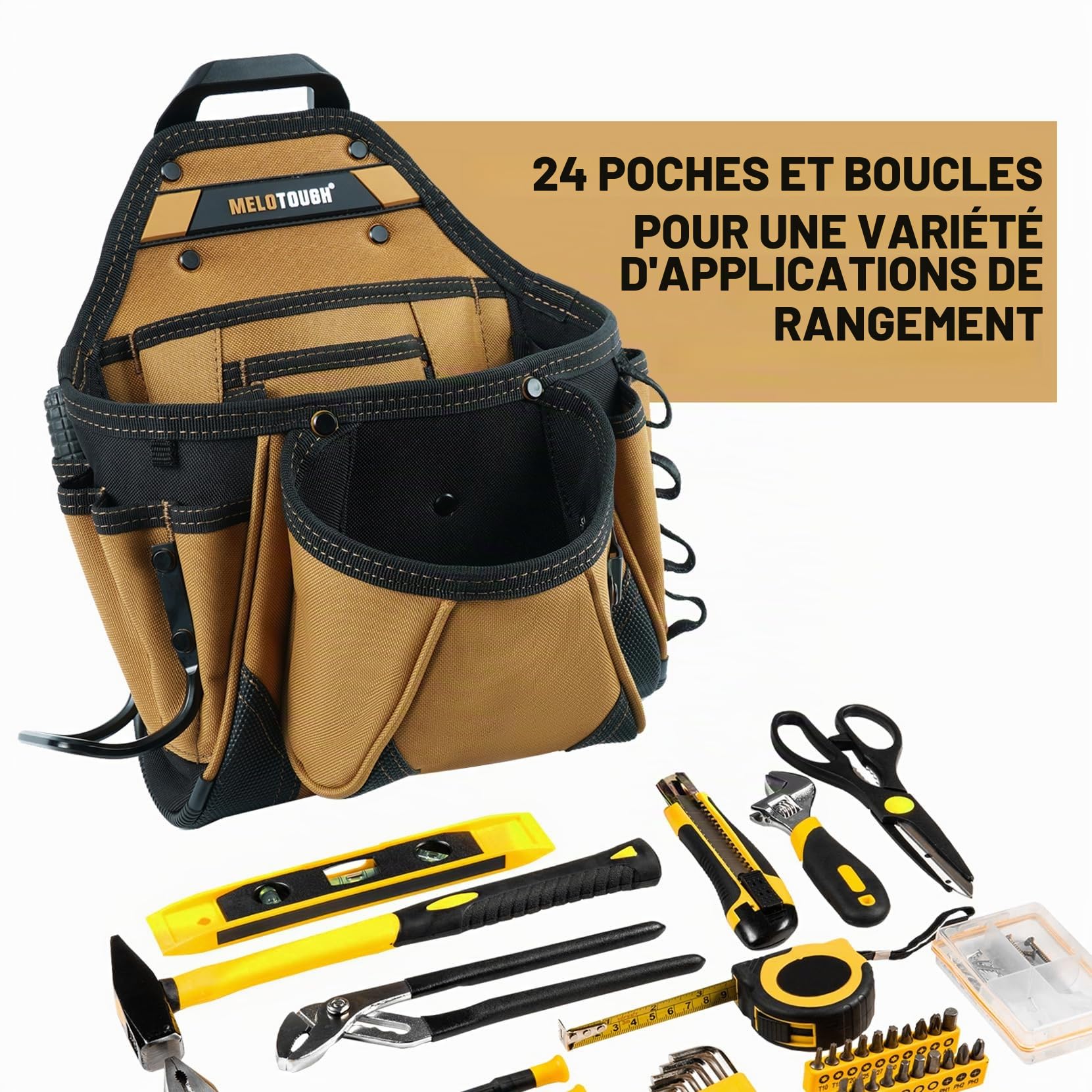 MELOTOUGH Pochettes de ceinture pour outils d'électricien avec clip de ceinture, pochette de rangement pour outils utilitaires, pochette de rangement avec béquille arrière pour marteau