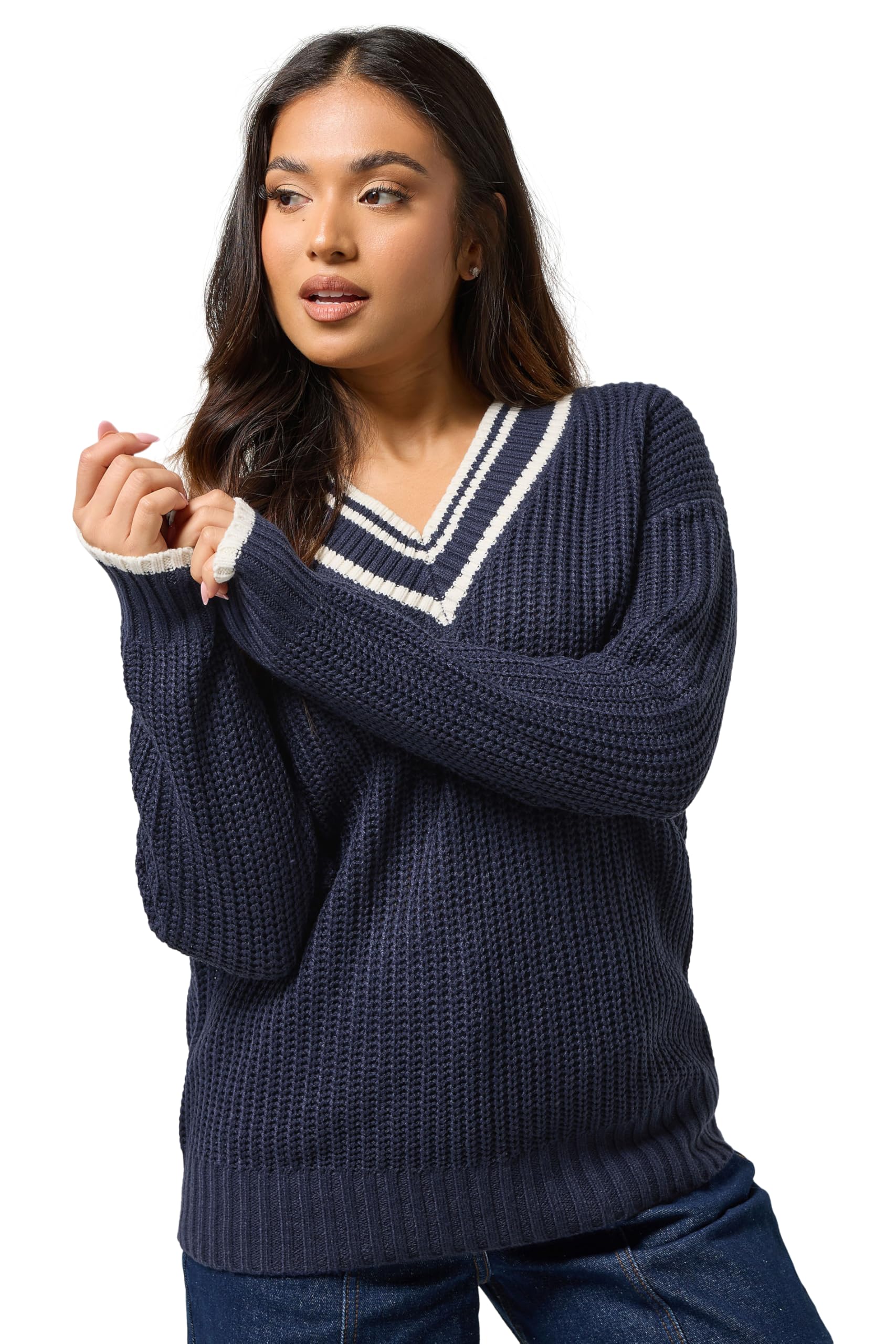 Pixiegirl Women's Navy Petite Blue Contrast V-Neck Jumper Petite