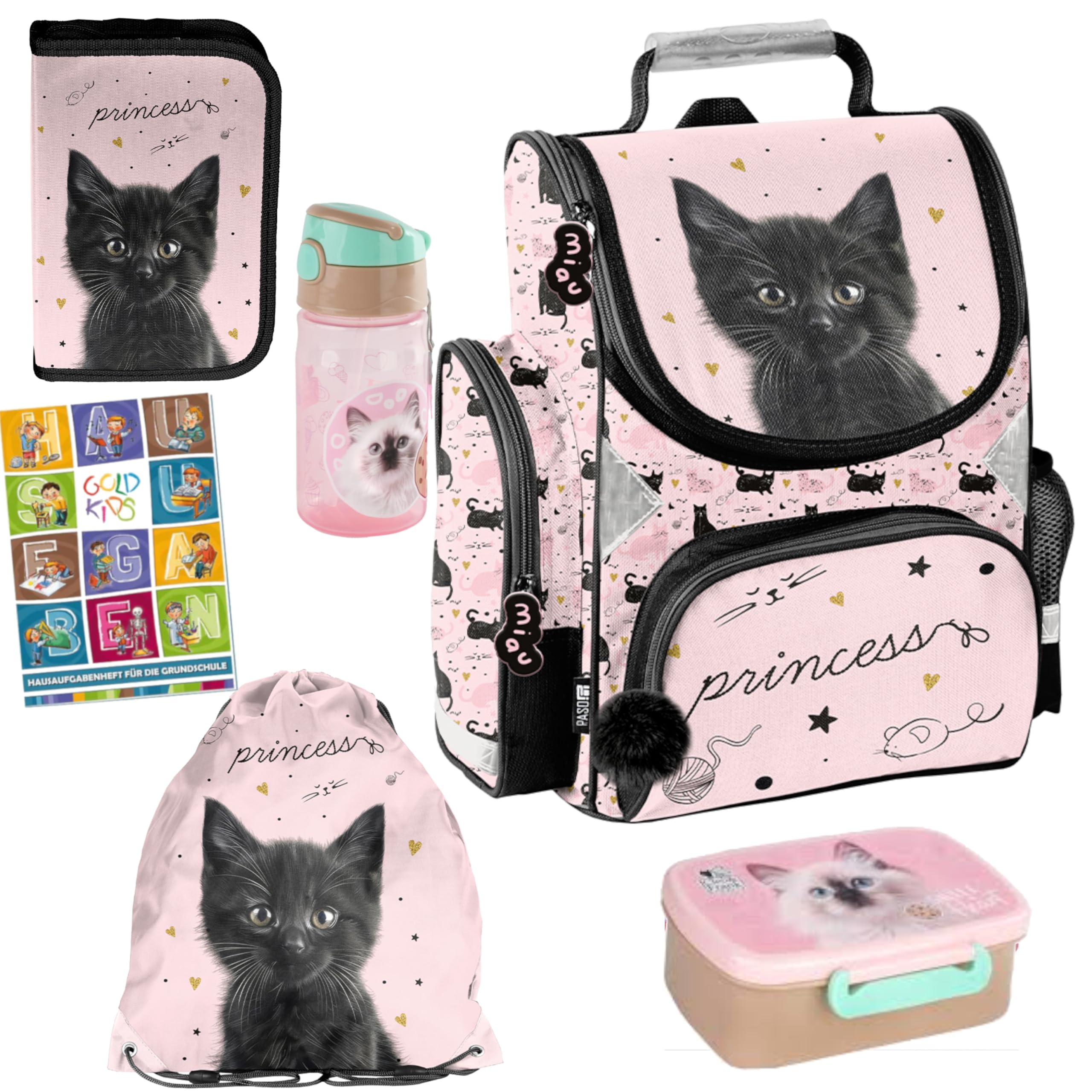 PASO- Schulranzen für Jungen und Mädchen, 6er-Set - Schul-Rucksack für Kinder mit Federmäppchen - Schuhbeutel Trinkflasche und Brotdose - Katze Motiv- 1-3 Klasse