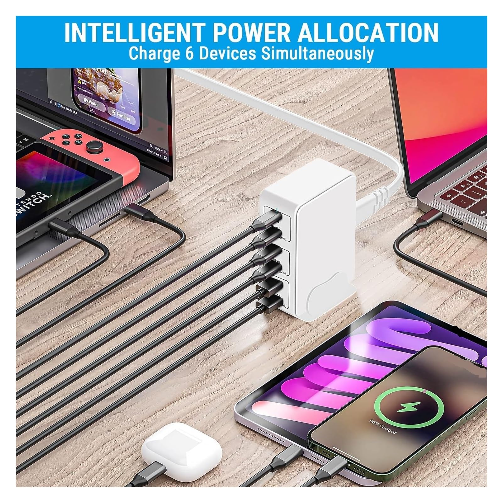 Wieloportowa Stacja Szybkiego Ładowania USB C O Mocy 120 W, 6-portowa Ładowarka Ścienna Technologia Szybkiego Bezpiecznego ładowania(With Cable)