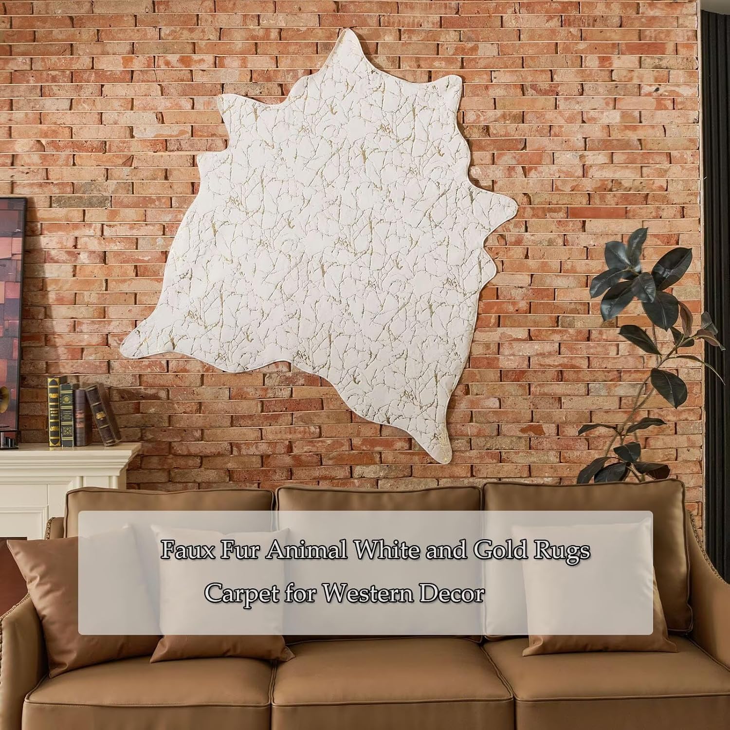 Premium Faux Fur Cowhide Rug,Large Carpet Non-Slip Cow Print Rugs,Suitable for Bedroom Living Room Western Decor,Faux Fur Animal Cow Hide Carpet-White and Gold-6.3 * 9FT(75 * 110inch)