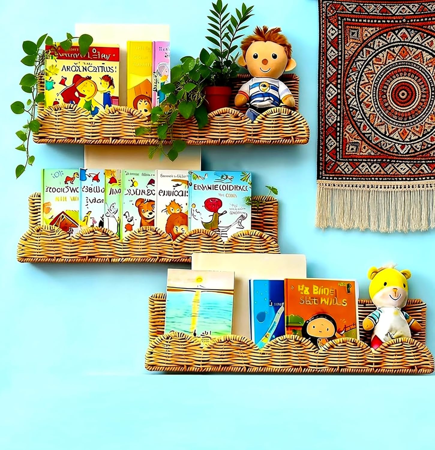 3Set Nursery Book Shelves,Artisanal Natural Rattan Scalloped Bookshelf for Wall,Boho Floating Book Shelves for Kids,Wicker Baby Book Shelf & Wall Basket for Nursery Storage,Montessori Bookcase 15.8"