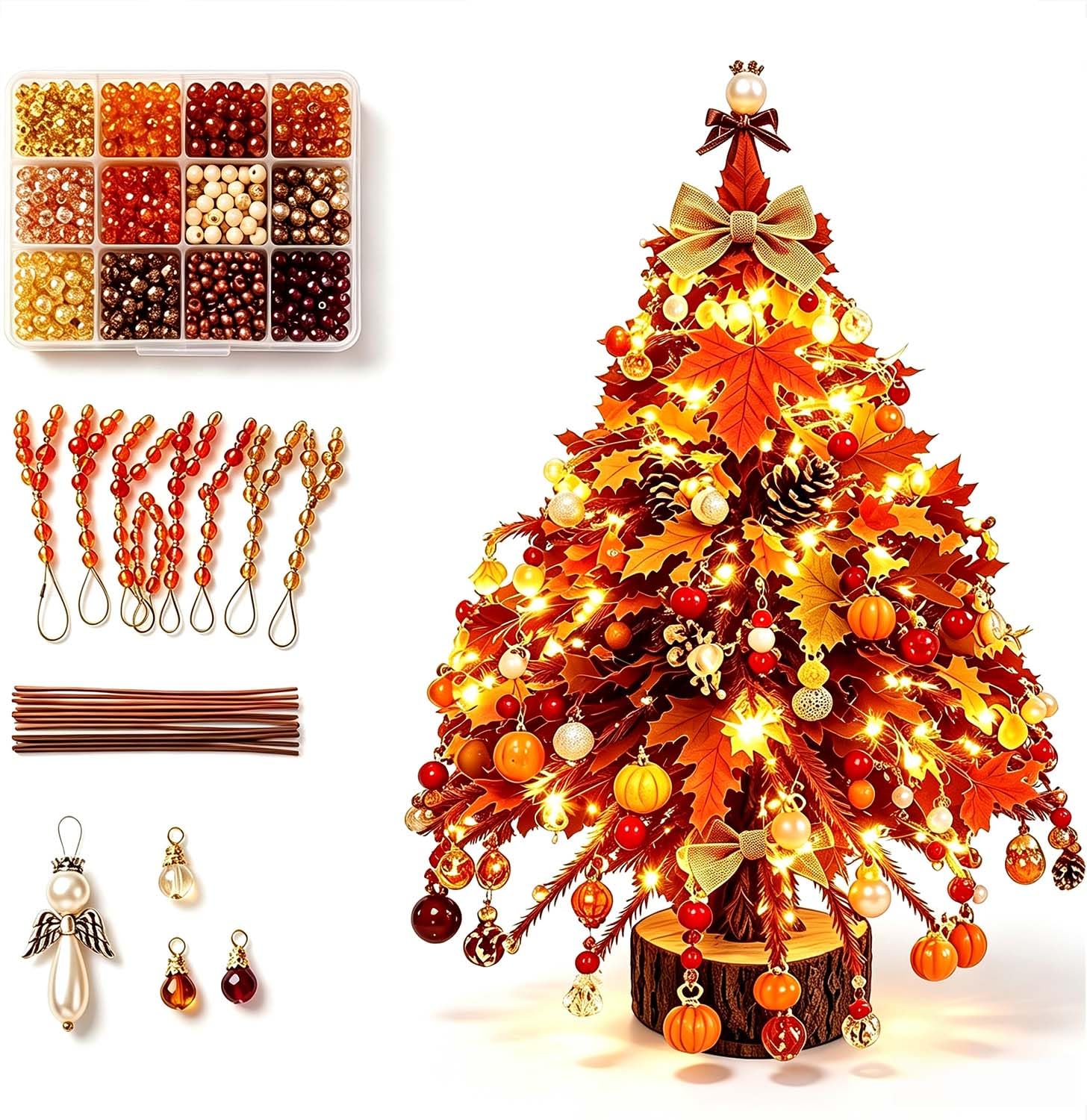 DIY Beaded Christmas Tree Kit with LED Lights, Mini Handmade Xmas Craft Set with Colorful Beads & Glowing Ornaments, Battery Operated Holiday Desktop Decor 20cm (C)