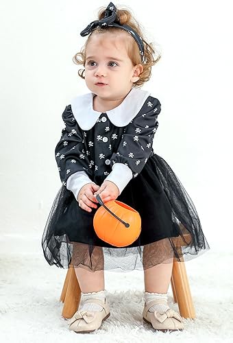 Miniatura 3 de YOUNGER TREE Disfraz de Halloween para niña pequeña, trajes a juego para hermana de Halloween, vestido TuTu negro, para niños pequeños, 3M-7T