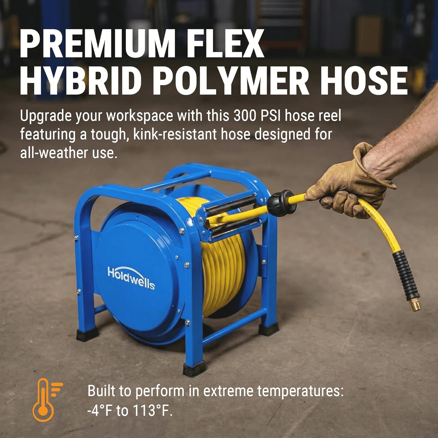 Heavy Duty Retractable Air Hose Reel, 3/8" x 100FT Flex Hybrid Hose, 300PSI Max, Spring-Driven Steel Frame, Floor-Standing Quad Pod Design, Portable & Kink-Resistant