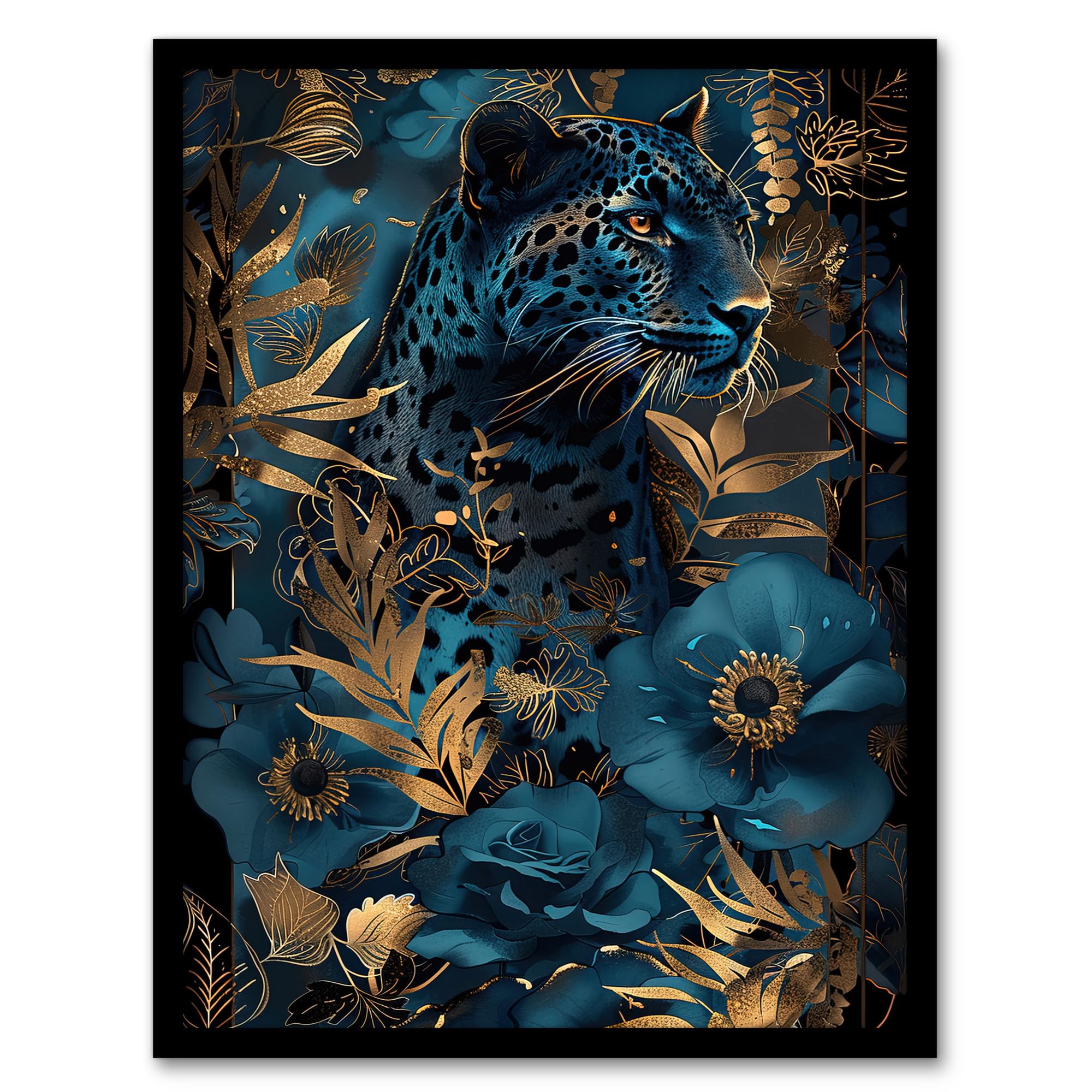 Artery8 Elegant Cheetah With Blue Gold Jungle Flowers Living Room Artwork Framed Wall Art Print 18X24 Inch