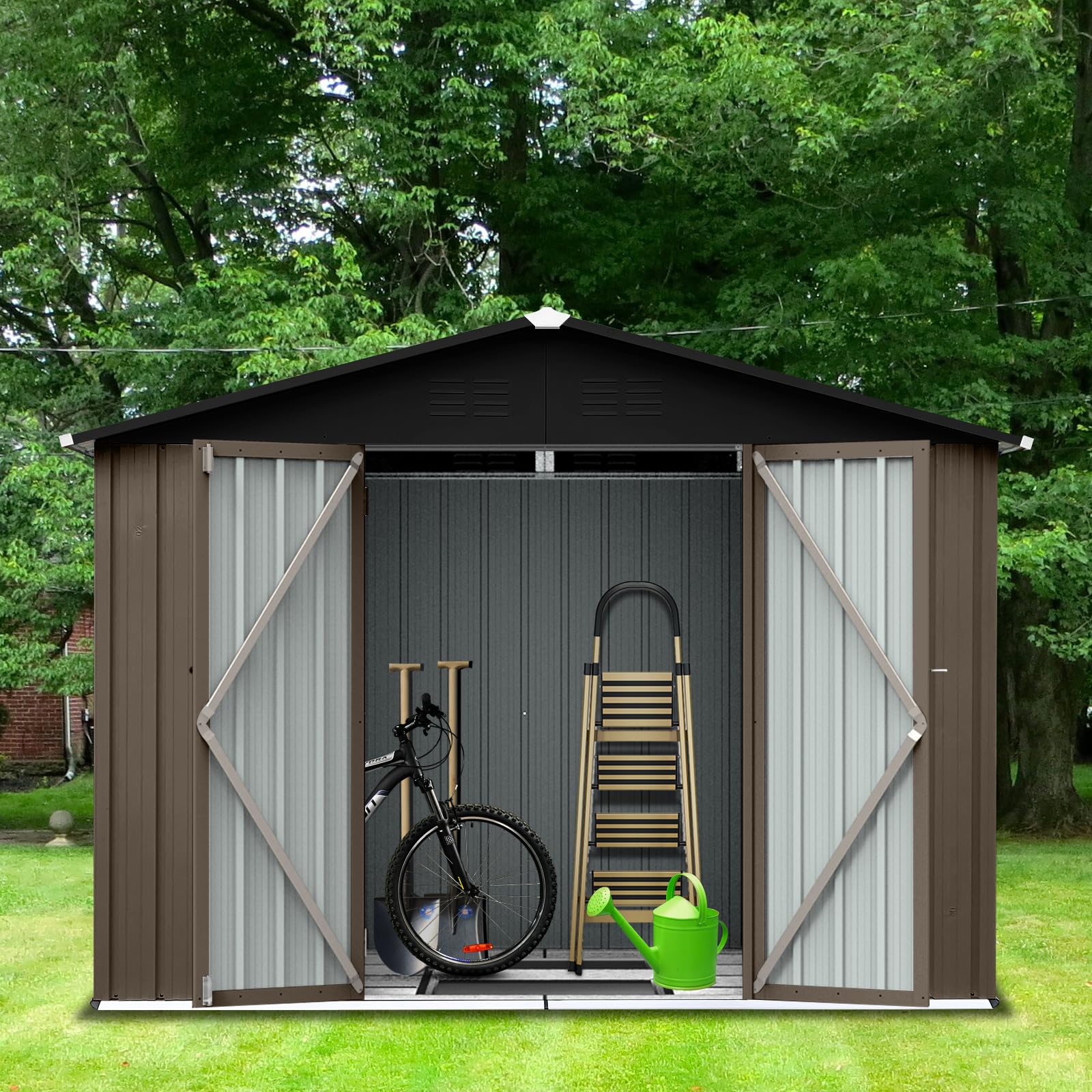 Photo 1 of 8 x 6 ft Outdoor Storage Shed, All Weather Metal Sheds with Metal Foundation Windows & 2 Lockable Doors, Tool Shed for Outdoor, Brown and Black Brown and Black 8x6ft